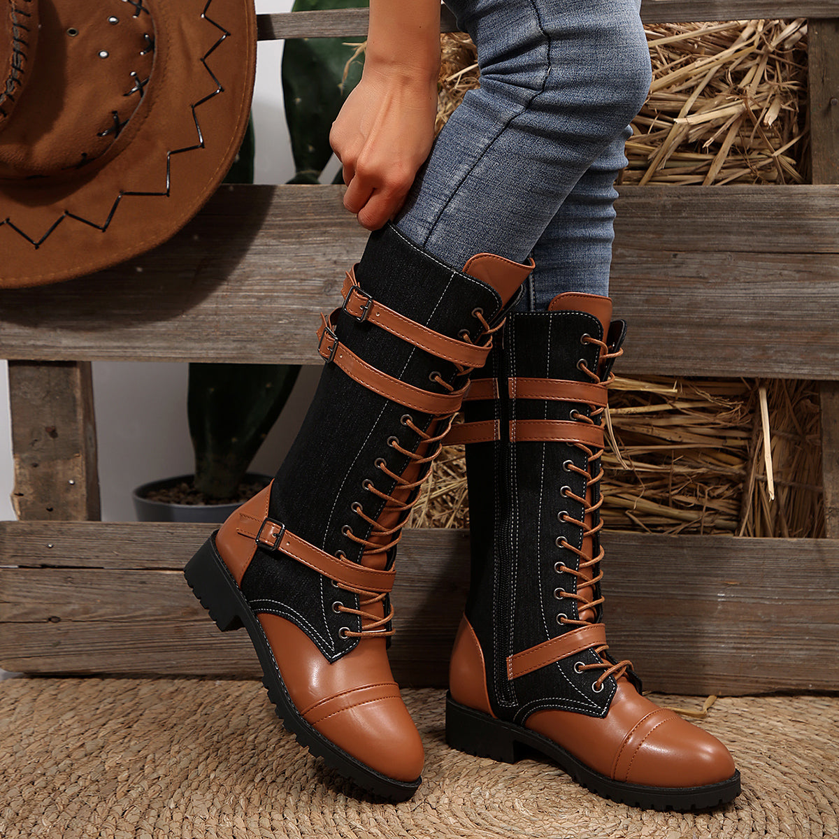 Women's Rogue Riding Boots - PU & Denim Lace-Up Combat Boots (US 5-10.5)