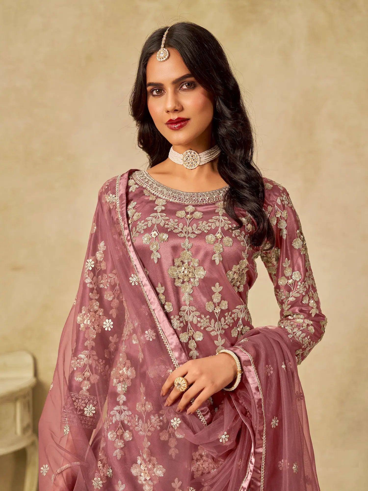 Brownish Pink Net Palazzo Suit With Sequins Embroidery - qivii