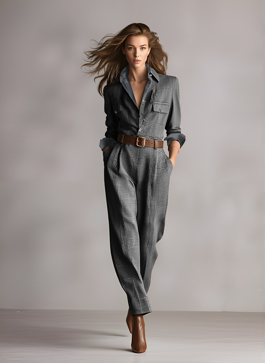 Women's Brown Sophisticated Tweed - Texture Plaid Utility Jumpsuit (without belt) MDA0167I2I