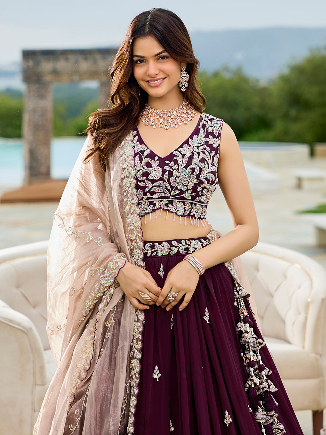 Wine - Satin Silk Fabric Beads & Sequince Embroidered Ready to Wear Lehenga Choli & Dupatta