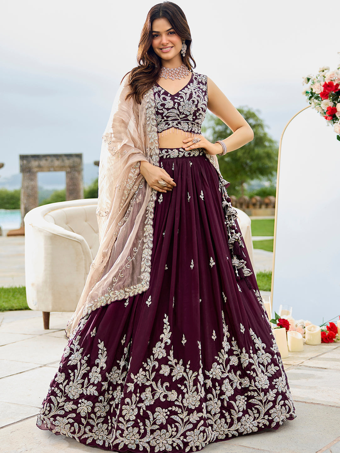 Wine - Satin Silk Fabric Beads & Sequince Embroidered Ready to Wear Lehenga Choli & Dupatta