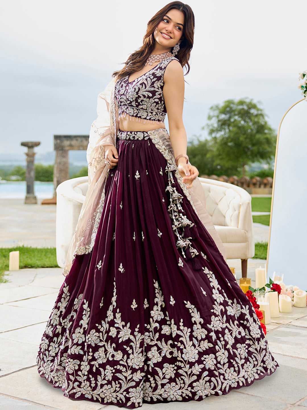 Wine - Satin Silk Fabric Beads & Sequince Embroidered Ready to Wear Lehenga Choli & Dupatta