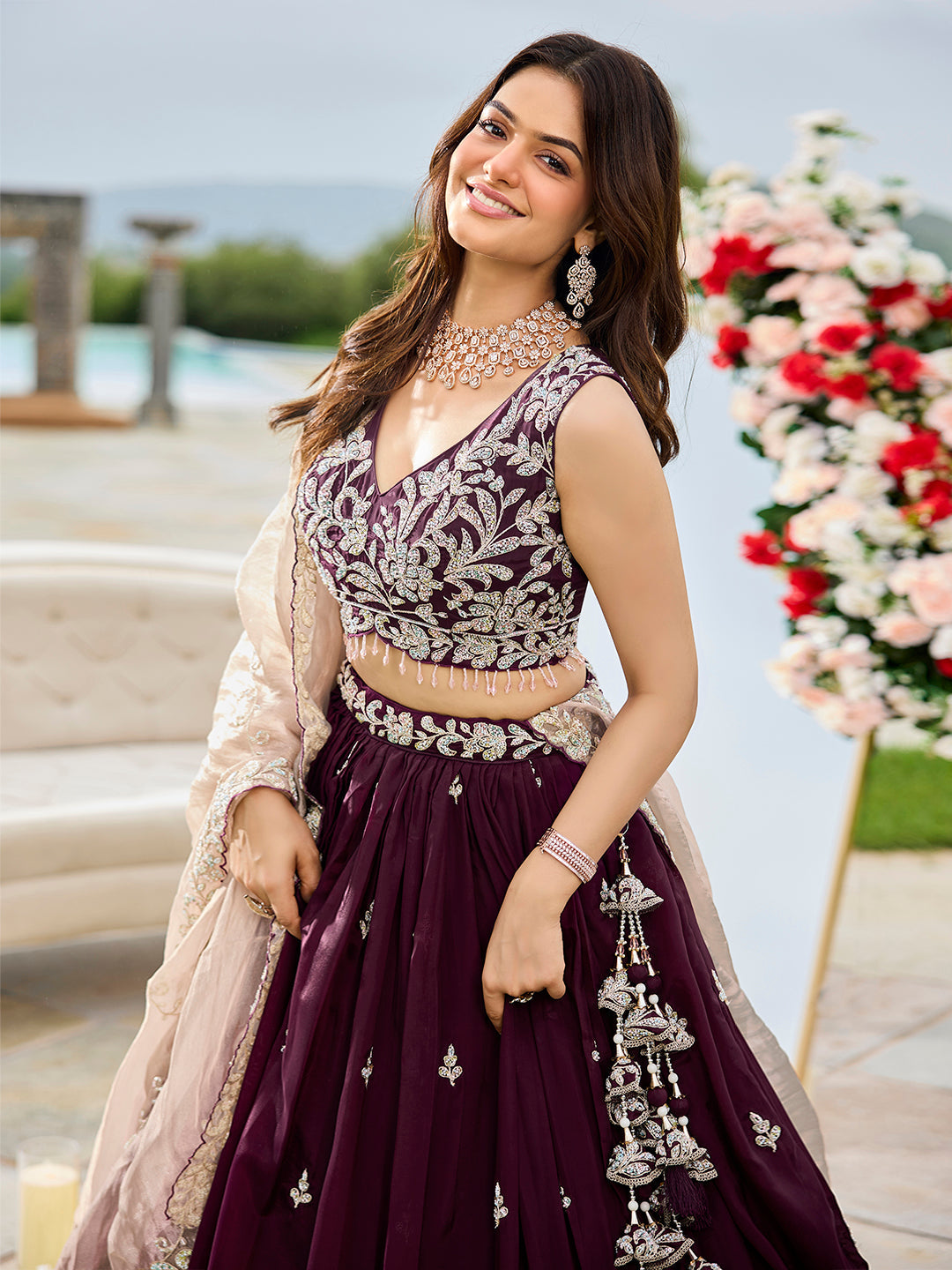 Wine - Satin Silk Fabric Beads & Sequince Embroidered Ready to Wear Lehenga Choli & Dupatta