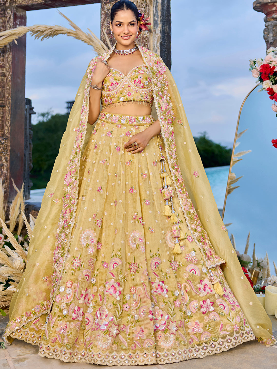 Yellow - Tissue Fabric Sequince Embroidered Ready to Wear Lehenga Choli & Dupatta