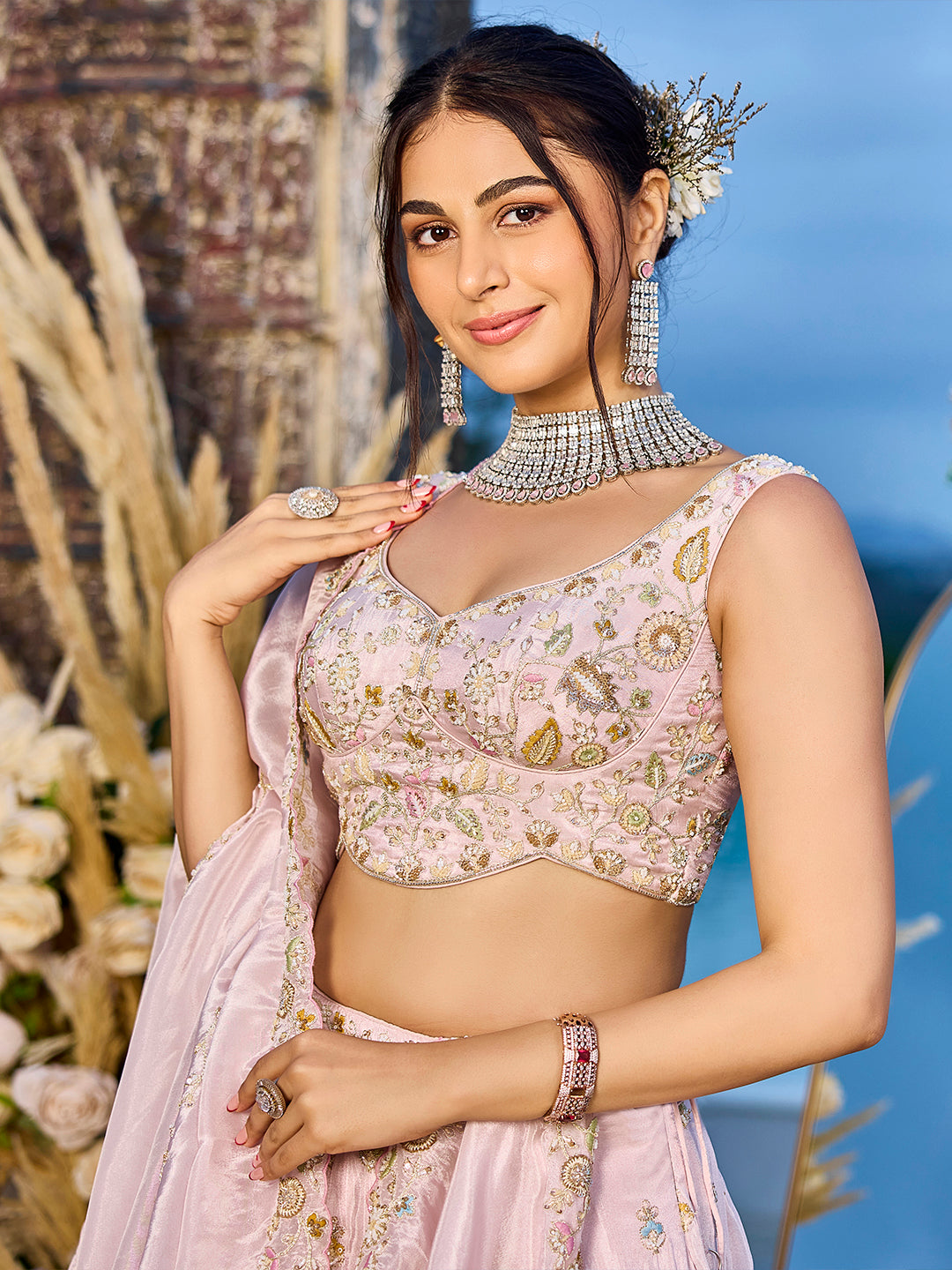 Pink - Tissue Fabric Beads & Sequince Embroidered Ready to Wear Lehenga Choli & Dupatta