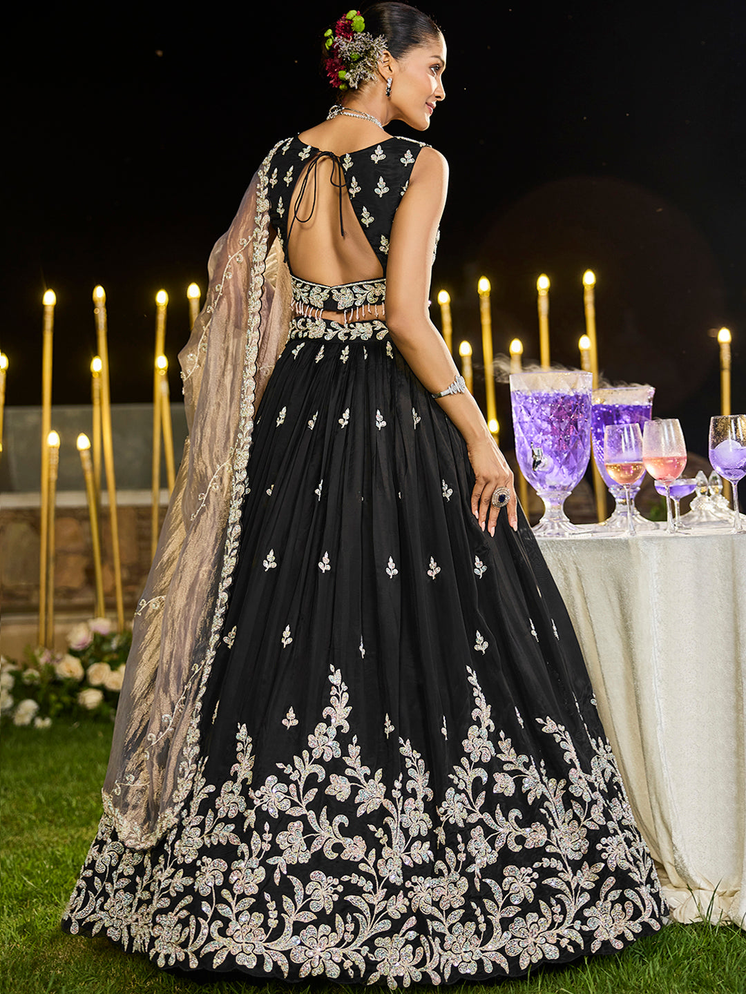 Black - Satin Silk Fabric Beads & Sequince Embroidered Ready to Wear Lehenga Choli & Dupatta