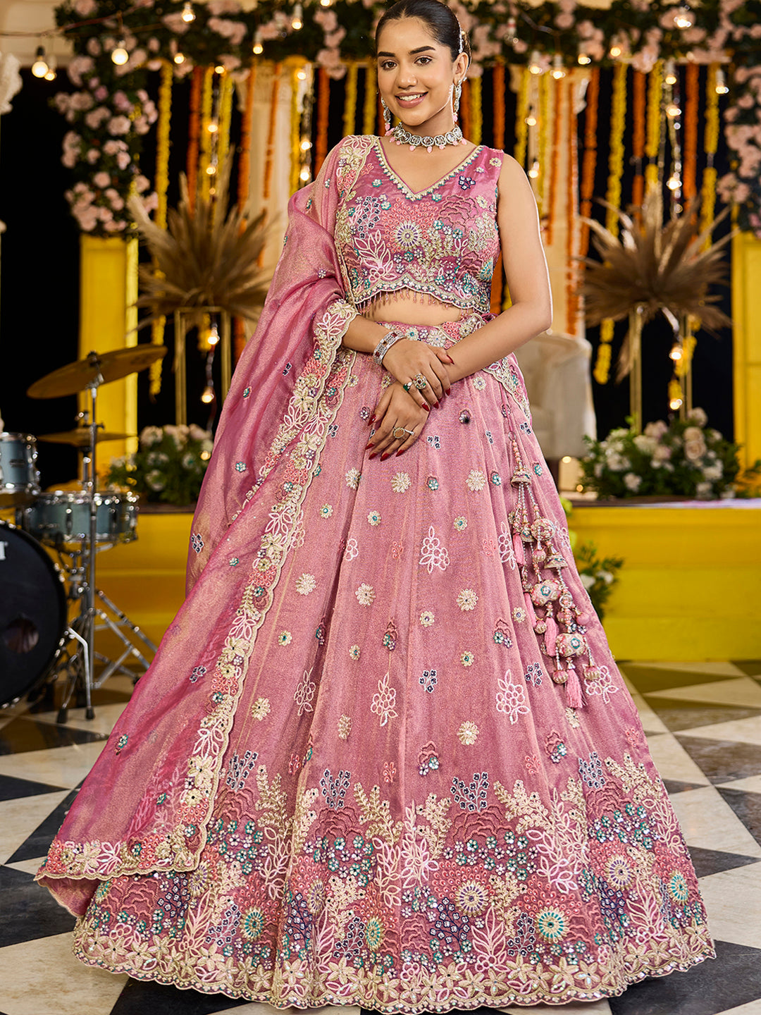 PINK - Satin Silk Fabric Sequined Embroidered Ready to Wear Lehenga Choli & Dupatta