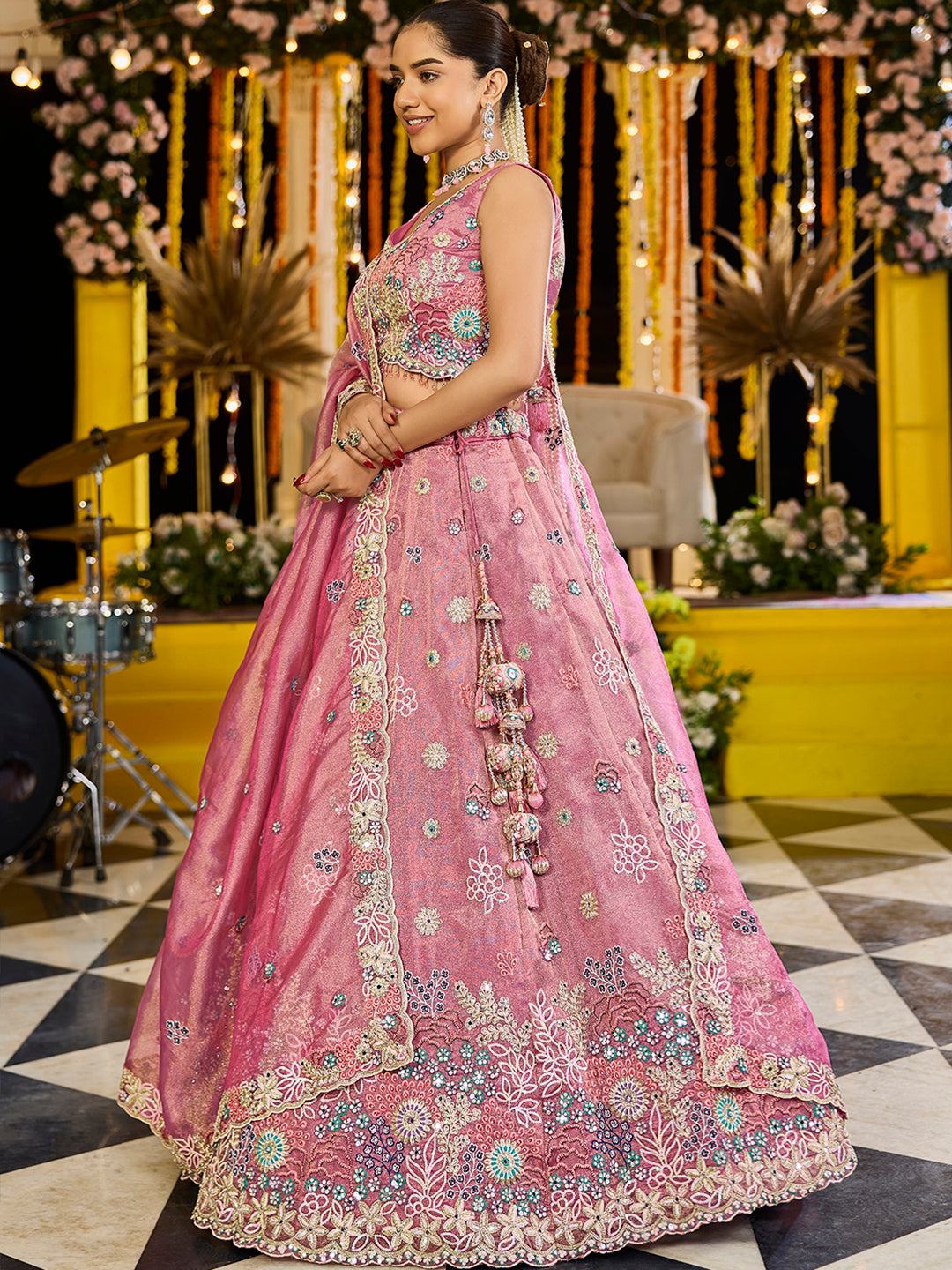 PINK - Satin Silk Fabric Sequined Embroidered Ready to Wear Lehenga Choli & Dupatta