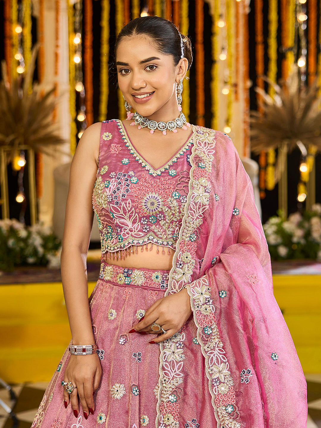 PINK - Satin Silk Fabric Sequined Embroidered Ready to Wear Lehenga Choli & Dupatta