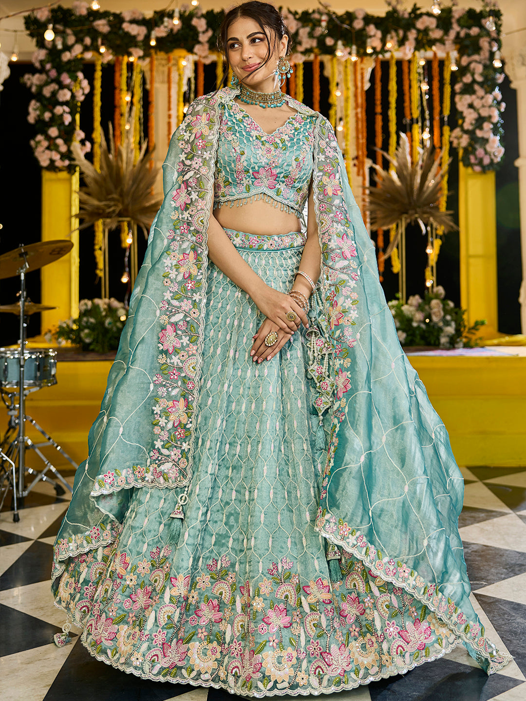 LIMEGREEN - Satin Silk Fabric Sequinned Embroidered Ready to Wear Lehenga Choli & Dupatta