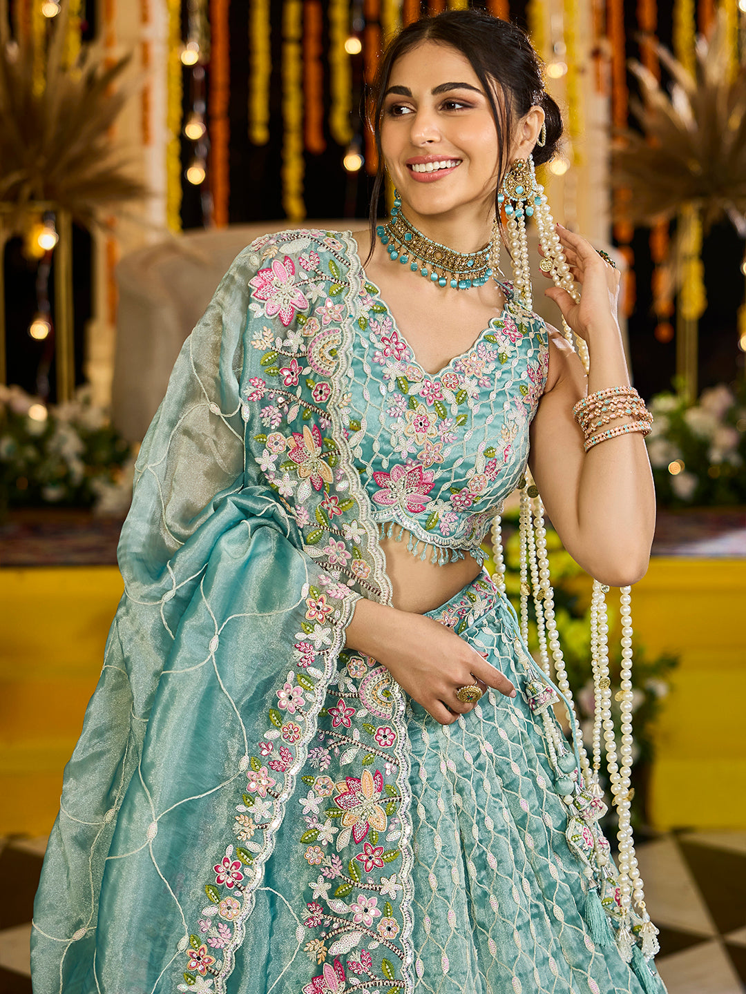 LIMEGREEN - Satin Silk Fabric Sequinned Embroidered Ready to Wear Lehenga Choli & Dupatta