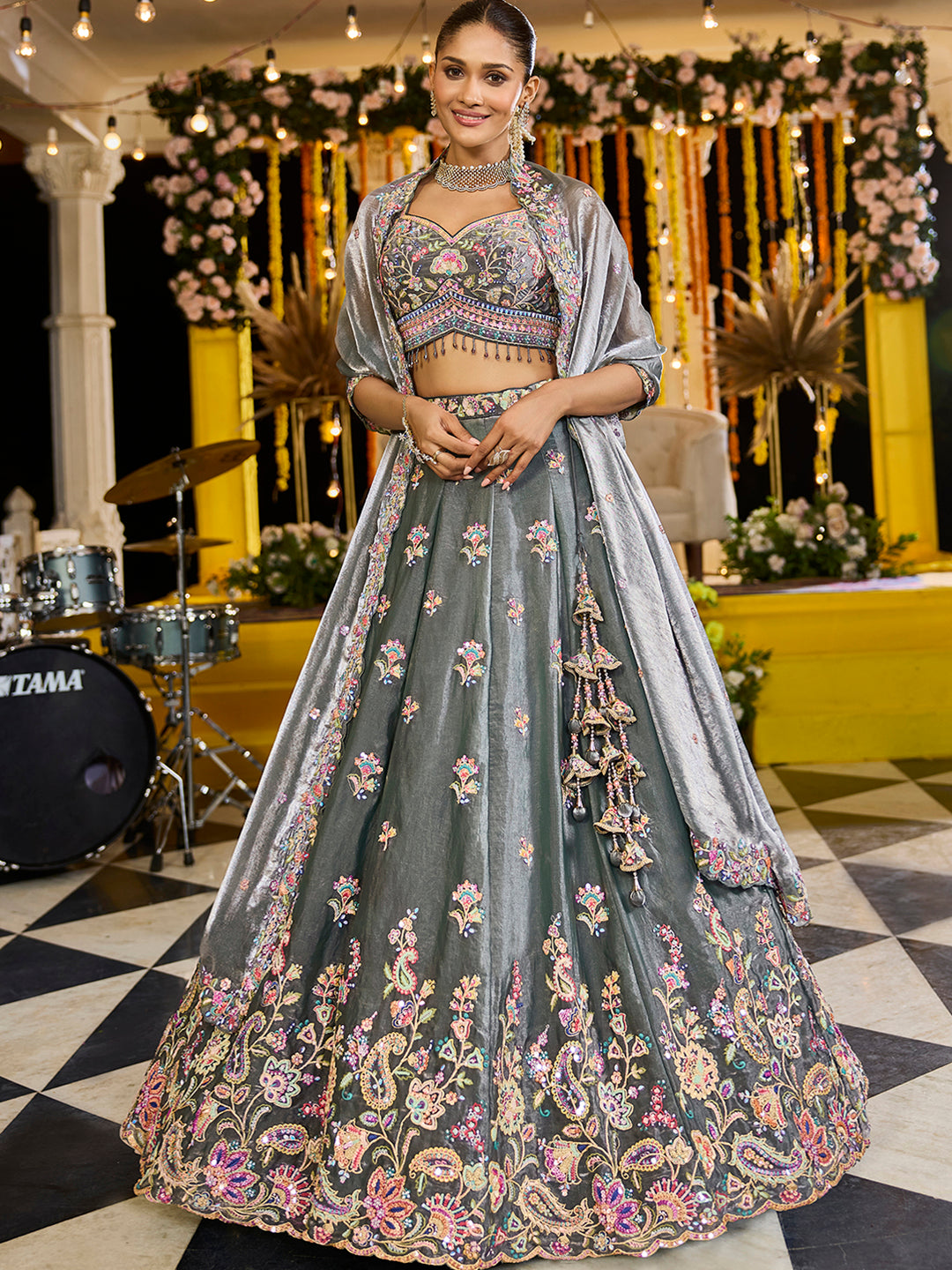 GREEN - Tissue Fabric Sequinned Embroidered Ready to Wear Lehenga Choli & Dupatta