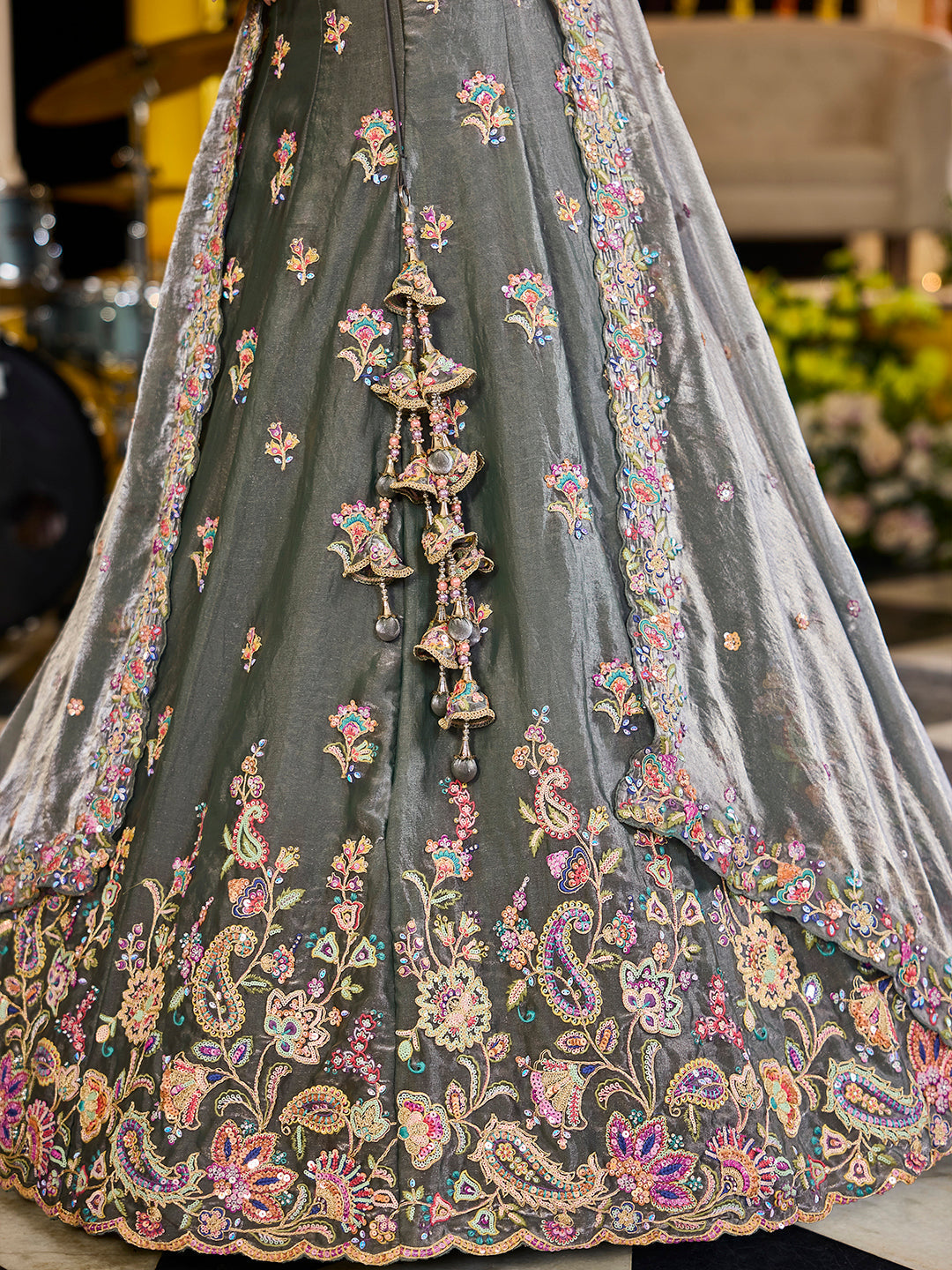 GREEN - Tissue Fabric Sequinned Embroidered Ready to Wear Lehenga Choli & Dupatta