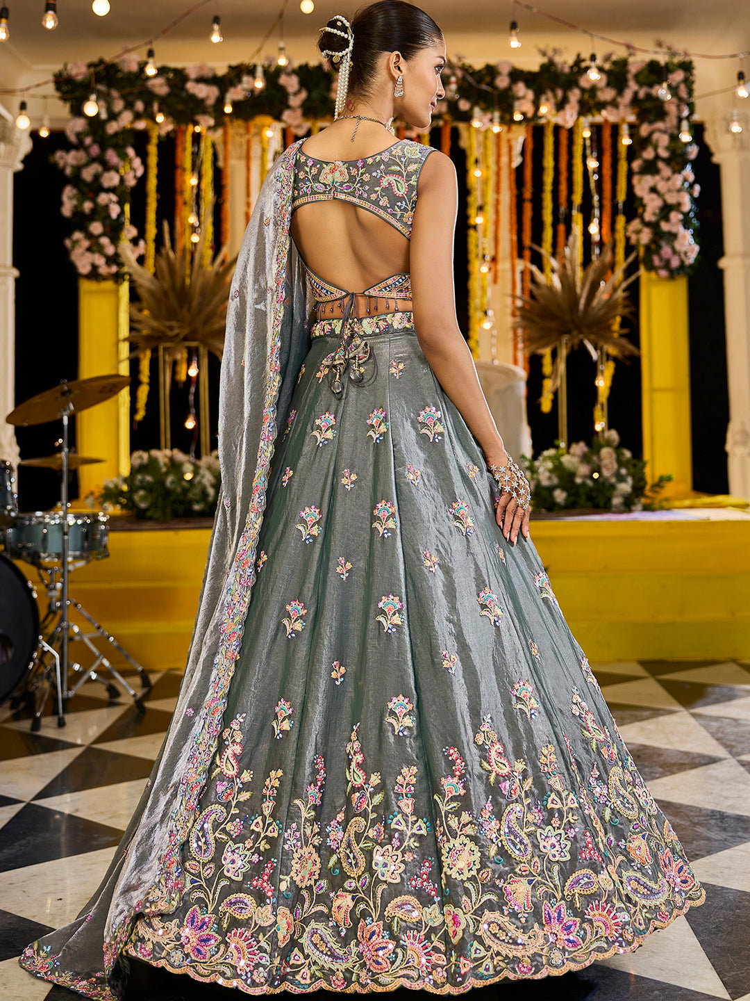 GREEN - Tissue Fabric Sequinned Embroidered Ready to Wear Lehenga Choli & Dupatta