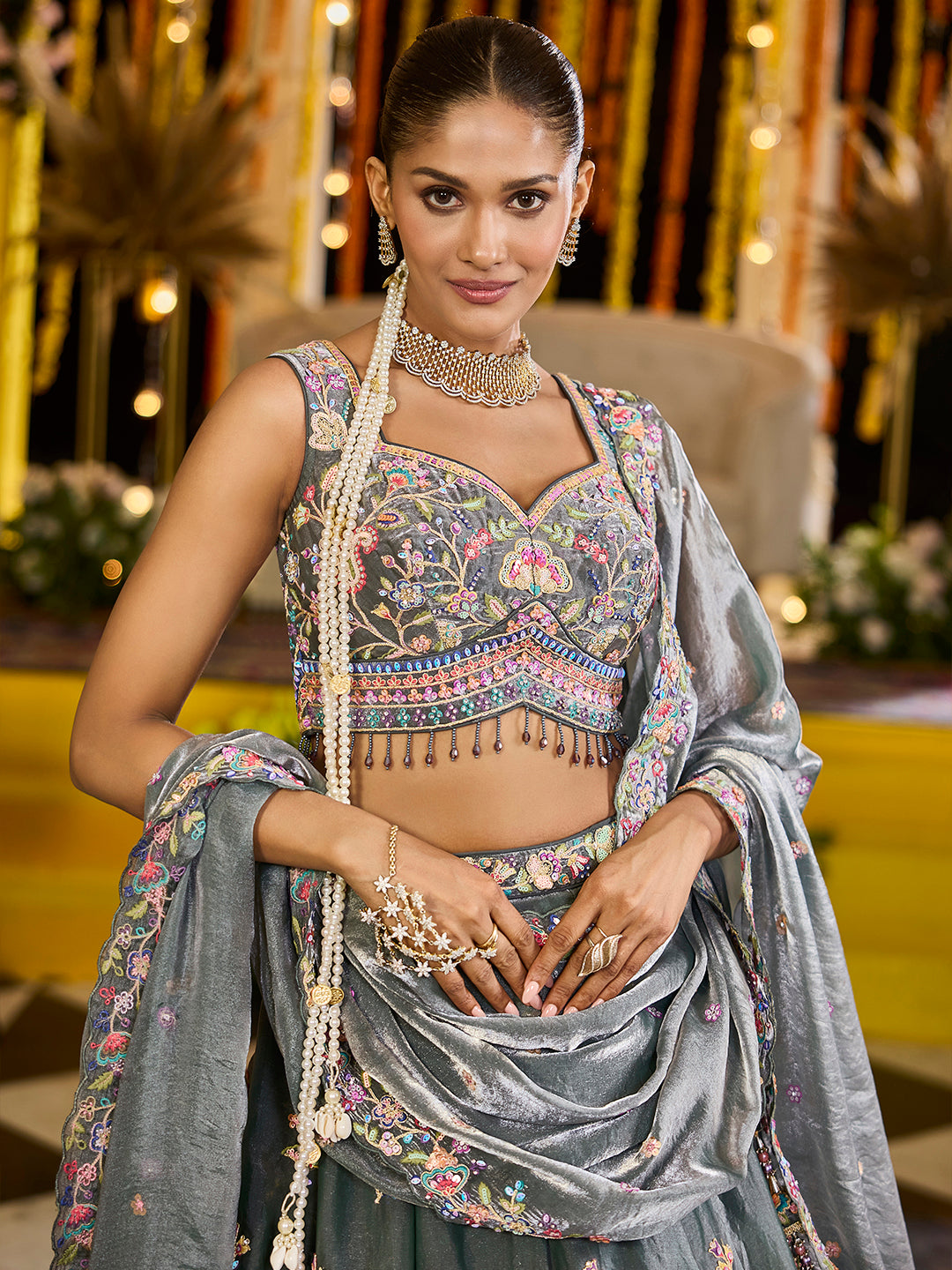 GREEN - Tissue Fabric Sequinned Embroidered Ready to Wear Lehenga Choli & Dupatta