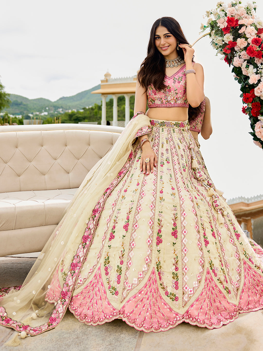 Cream- Tissue Fabric Sequins embroidery Semi-Stitched Lehenga & Unstitched Blouse With Dupatta - qivii