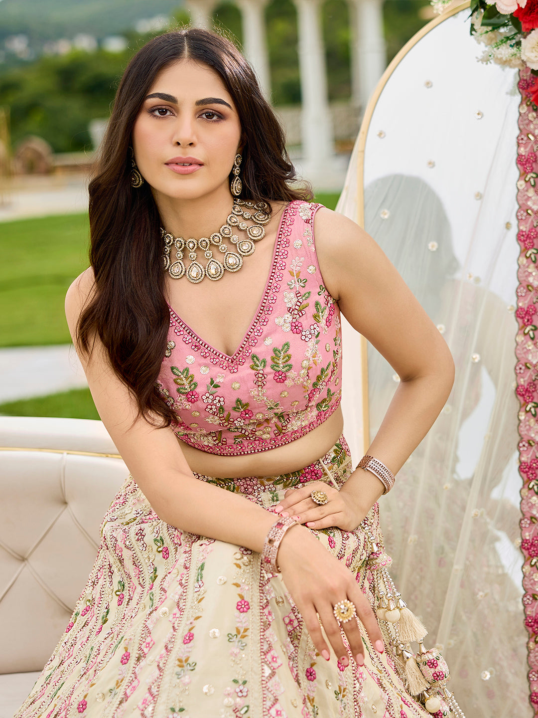 Cream- Tissue Fabric Sequins embroidery Semi-Stitched Lehenga & Unstitched Blouse With Dupatta - qivii