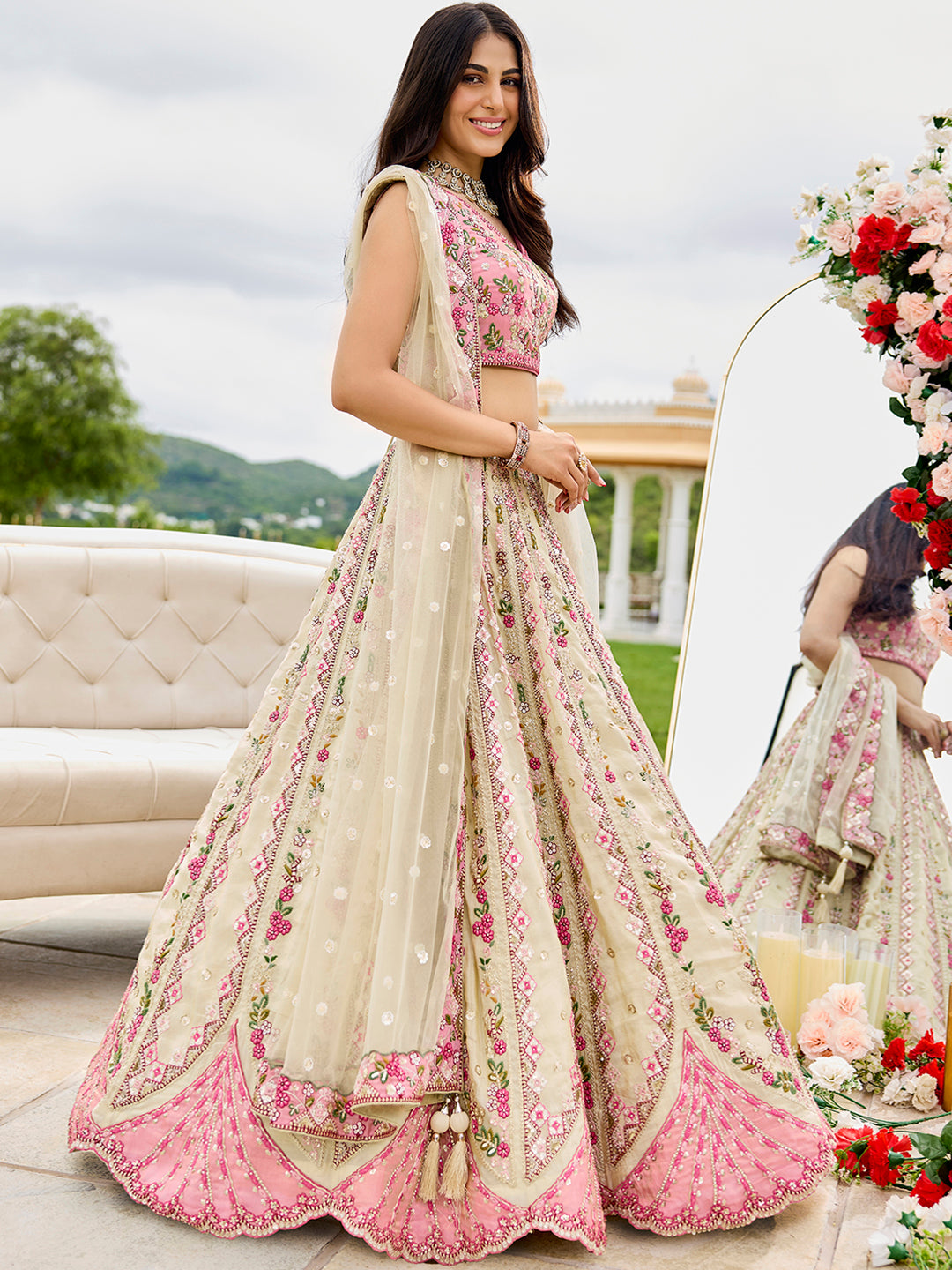 Cream- Tissue Fabric Sequins embroidery Semi-Stitched Lehenga & Unstitched Blouse With Dupatta - qivii