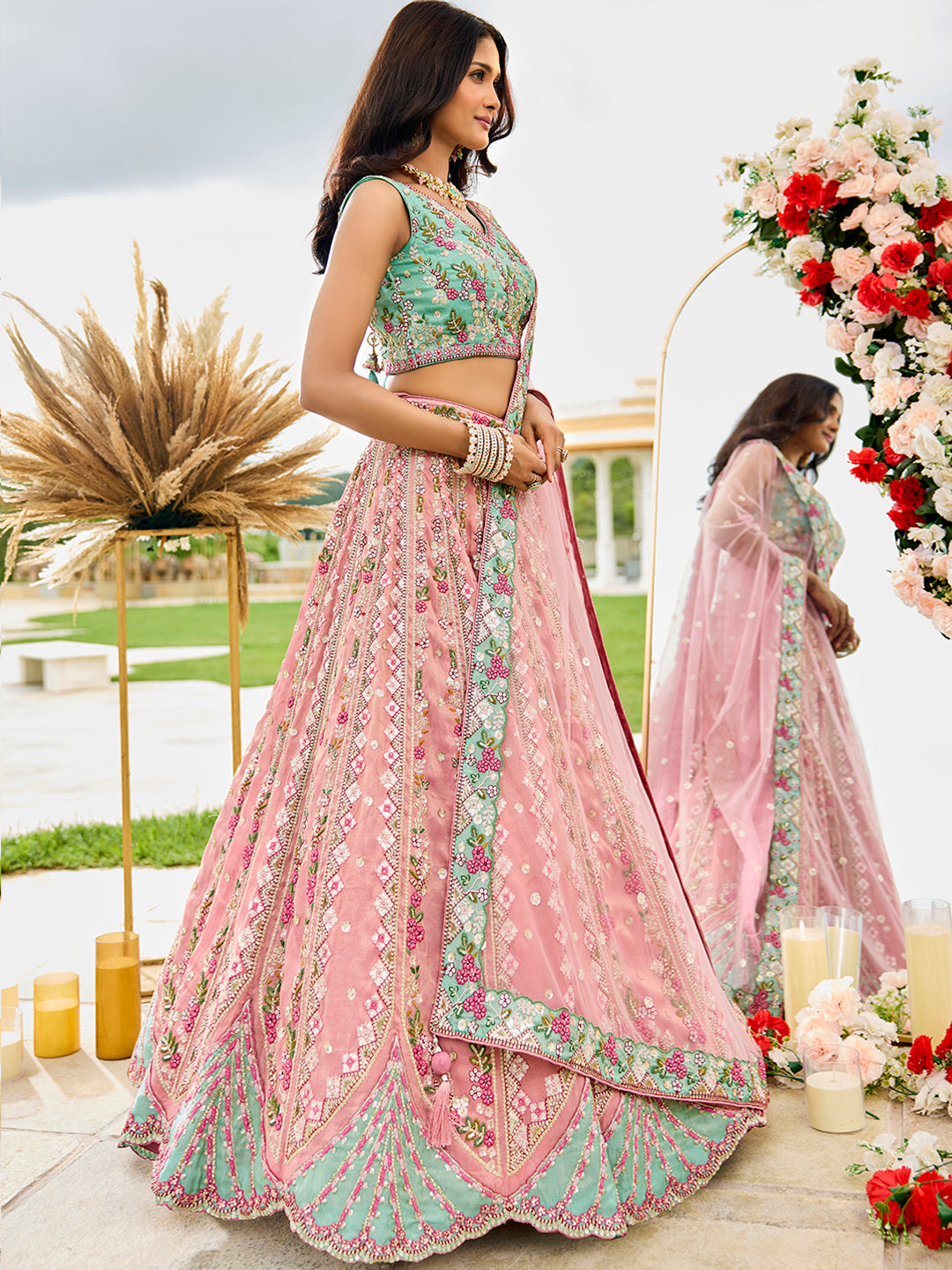 Pink- Tissue Fabric Sequins embroidery Semi-Stitched Lehenga & Unstitched Blouse With Dupatta - qivii