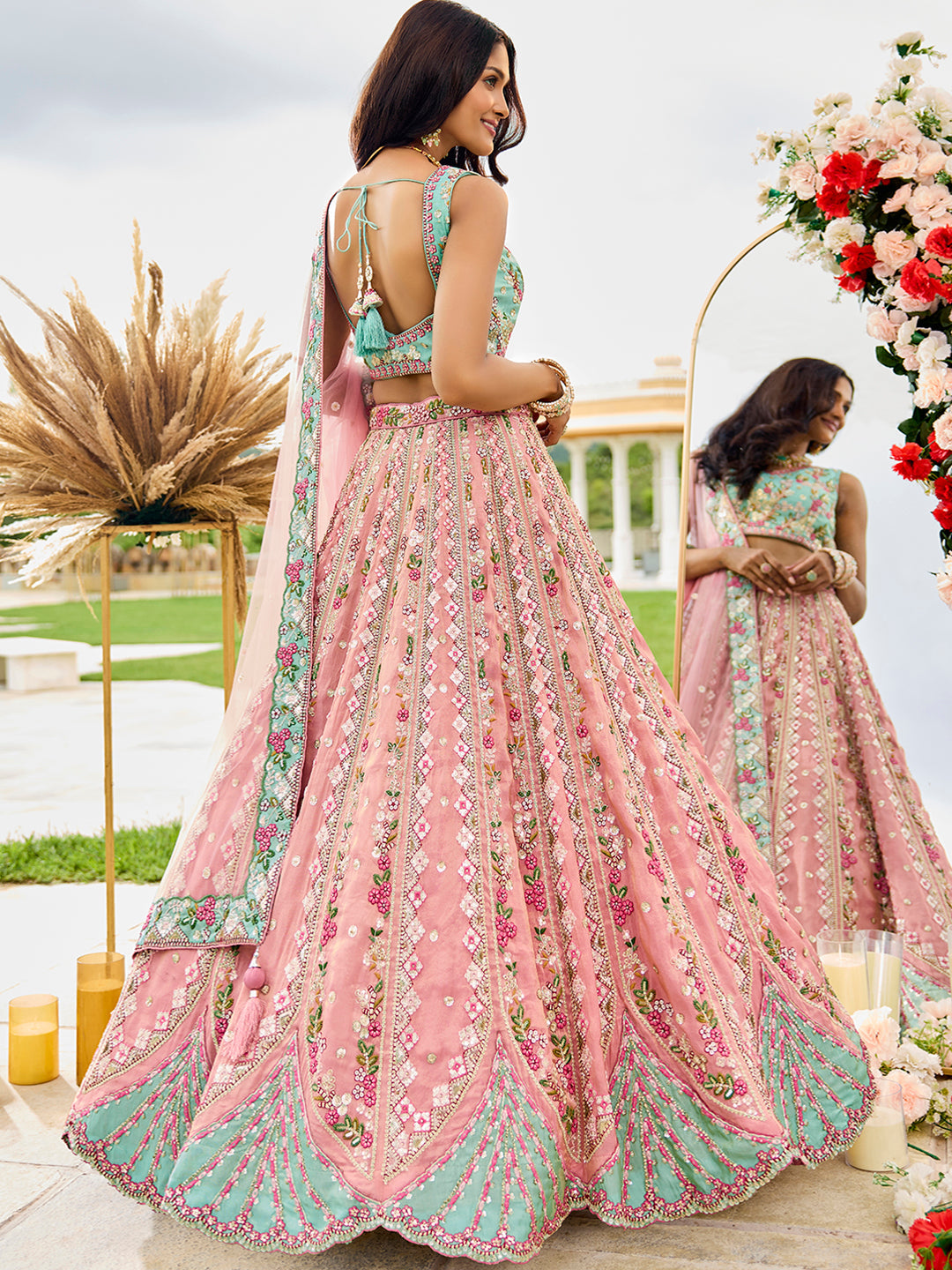Pink- Tissue Fabric Sequins embroidery Semi-Stitched Lehenga & Unstitched Blouse With Dupatta - qivii