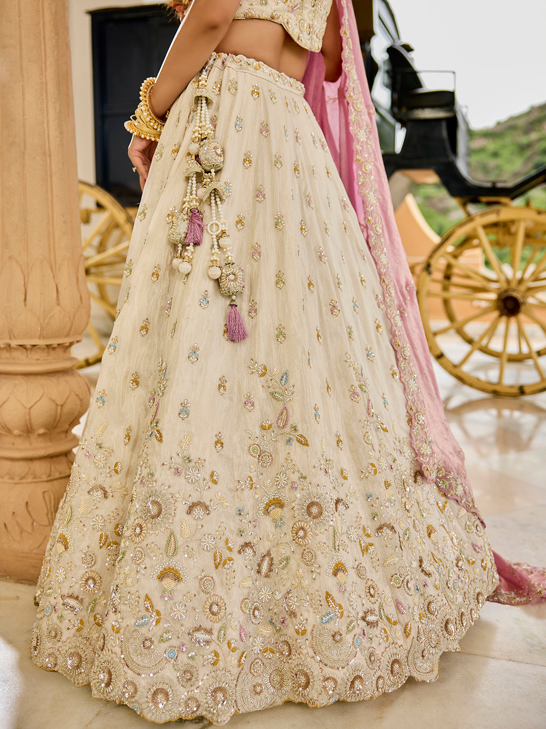 Cream - Tissue Fabric Beads & Sequince Embroidered Ready to Wear Lehenga Choli & Dupatta
