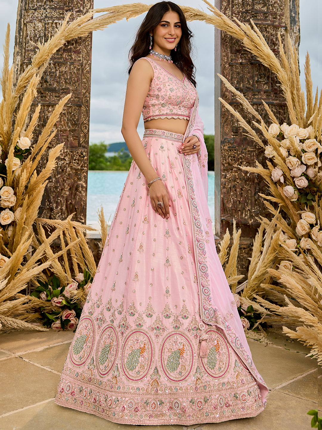 Pink - Silk Fabric Beads & Sequince Embroidered Ready to Wear Lehenga Choli & Dupatta