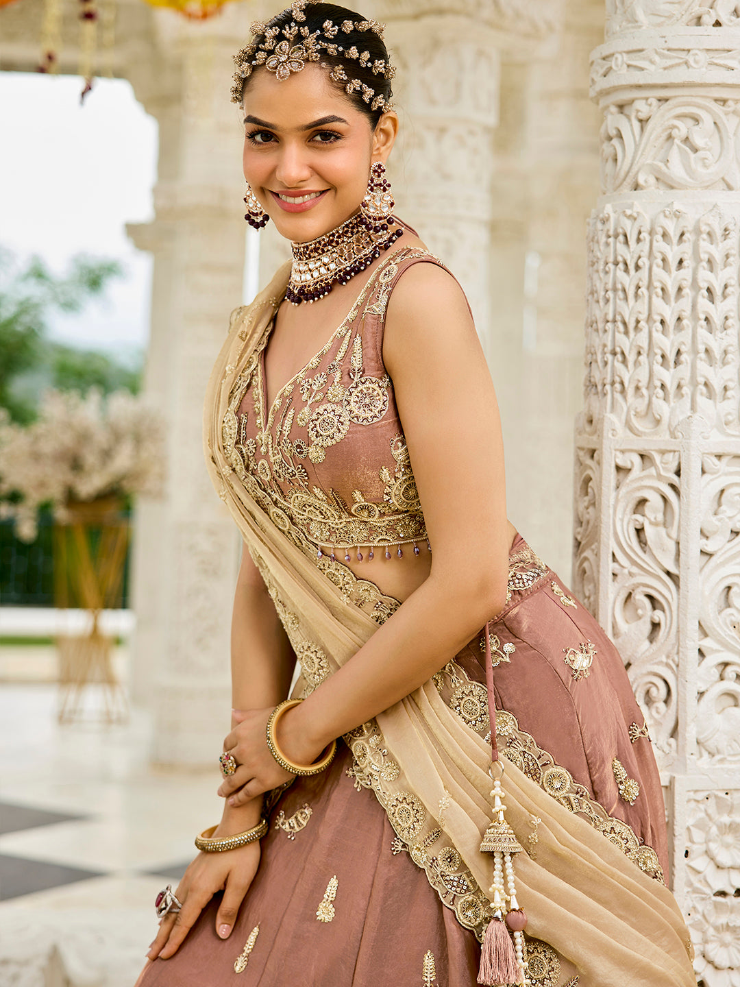 Beige - Tissue Fabric Beads & Sequince Embroidered Ready to Wear Lehenga Choli & Dupatta