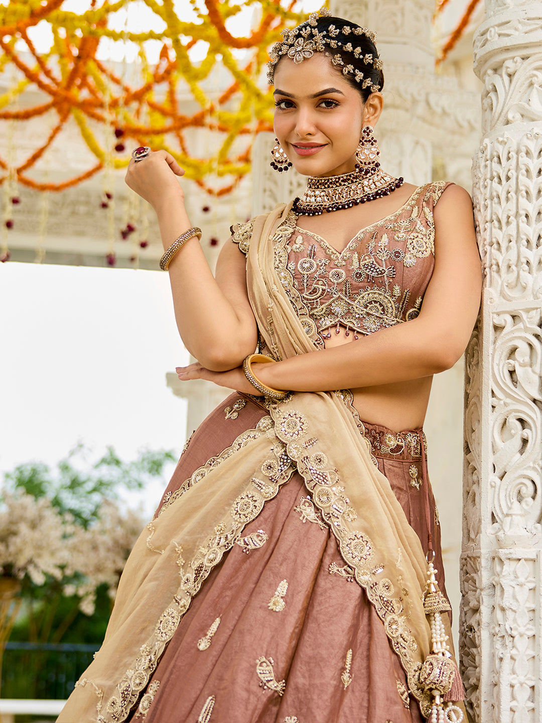 Beige - Tissue Fabric Beads & Sequince Embroidered Ready to Wear Lehenga Choli & Dupatta