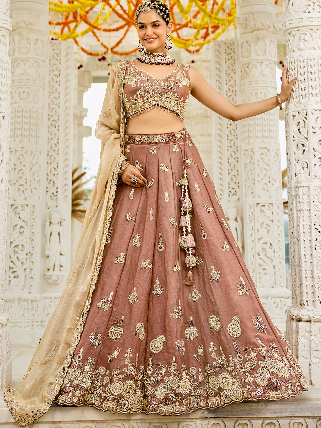 Beige - Tissue Fabric Beads & Sequince Embroidered Ready to Wear Lehenga Choli & Dupatta