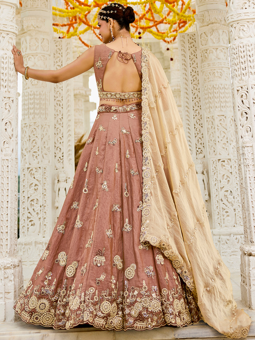 Beige - Tissue Fabric Beads & Sequince Embroidered Ready to Wear Lehenga Choli & Dupatta