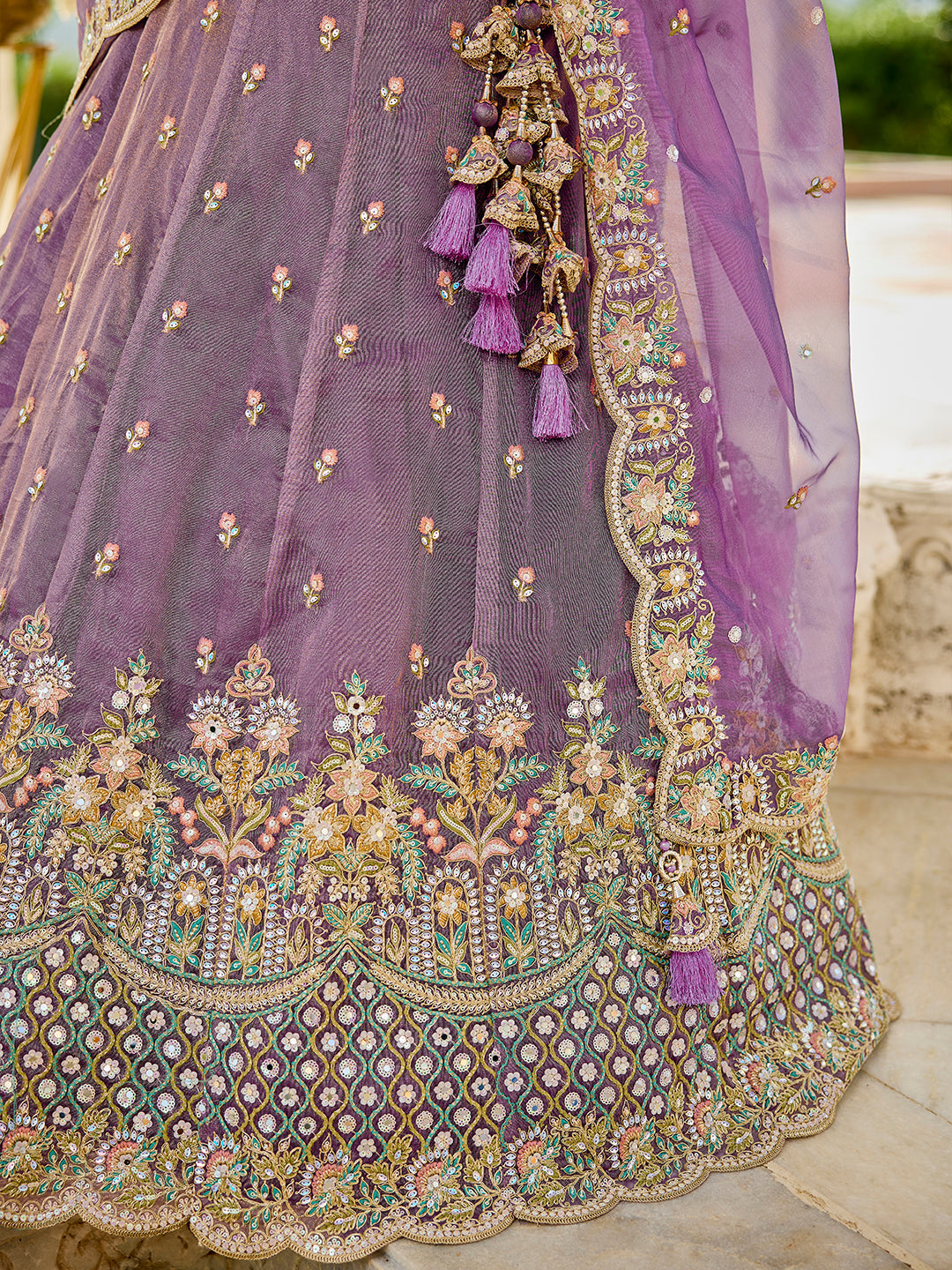 Purple - Satin Silk Fabric Sequinned Embroidered Ready to Wear Lehenga Choli & Dupatta