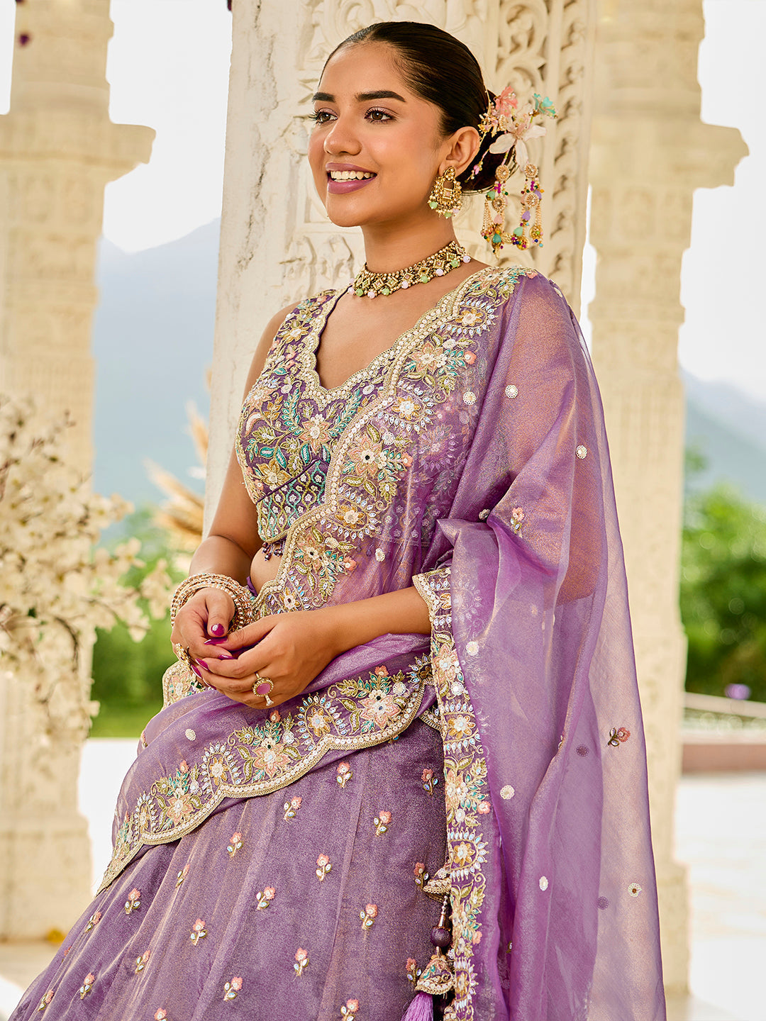 Purple - Satin Silk Fabric Sequinned Embroidered Ready to Wear Lehenga Choli & Dupatta