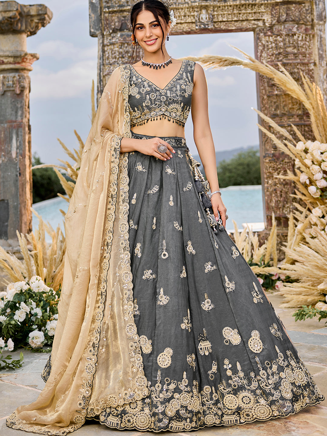Grey - Tissue Fabric Beads & Sequince Embroidered Ready to Wear Lehenga Choli & Dupatta (Copy)