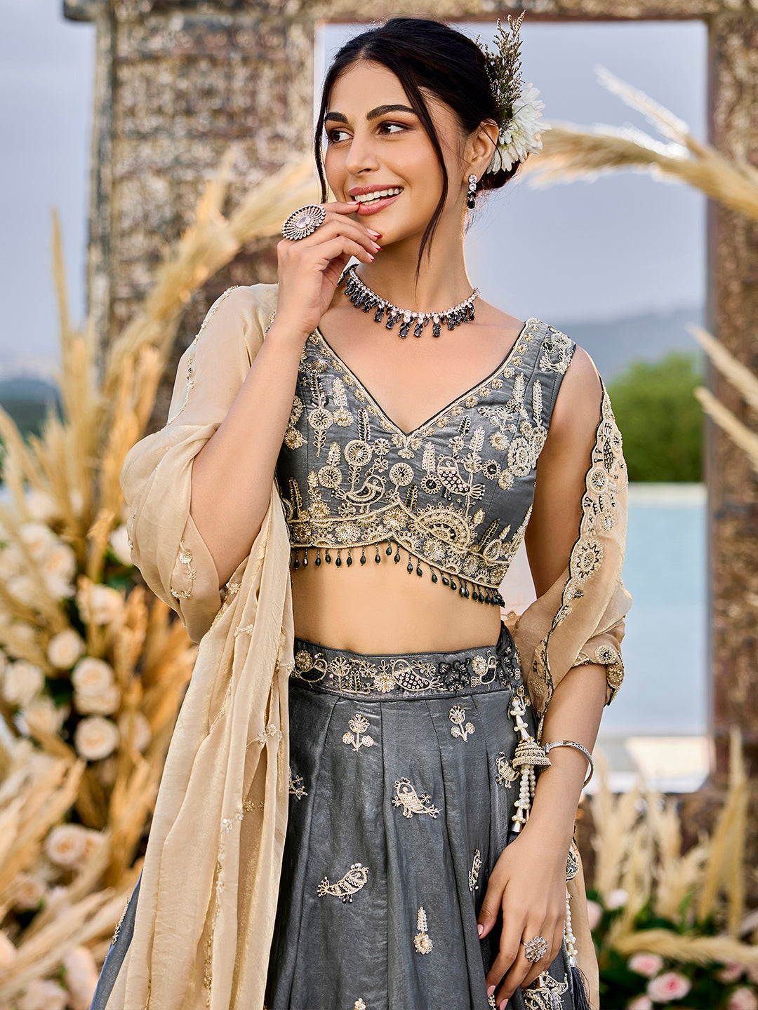 Grey - Tissue Fabric Beads & Sequince Embroidered Ready to Wear Lehenga Choli & Dupatta (Copy)