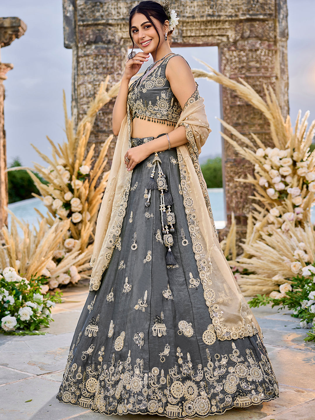 Grey - Tissue Fabric Beads & Sequince Embroidered Ready to Wear Lehenga Choli & Dupatta (Copy)