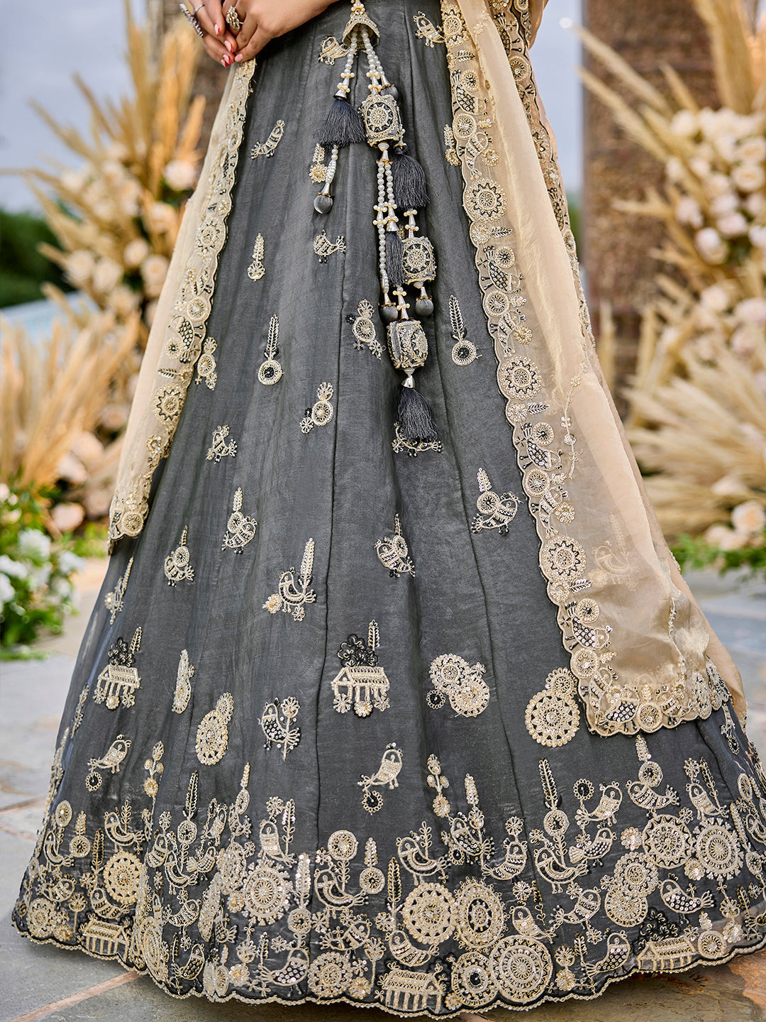 Grey - Tissue Fabric Beads & Sequince Embroidered Ready to Wear Lehenga Choli & Dupatta (Copy)