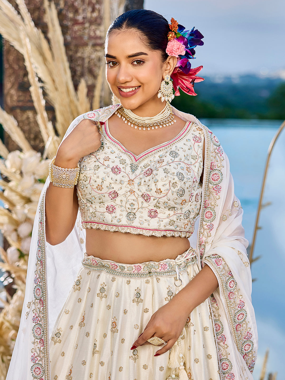 Cream - Silk Fabric Beads & Sequince Embroidered Ready to Wear Lehenga Choli & Dupatta