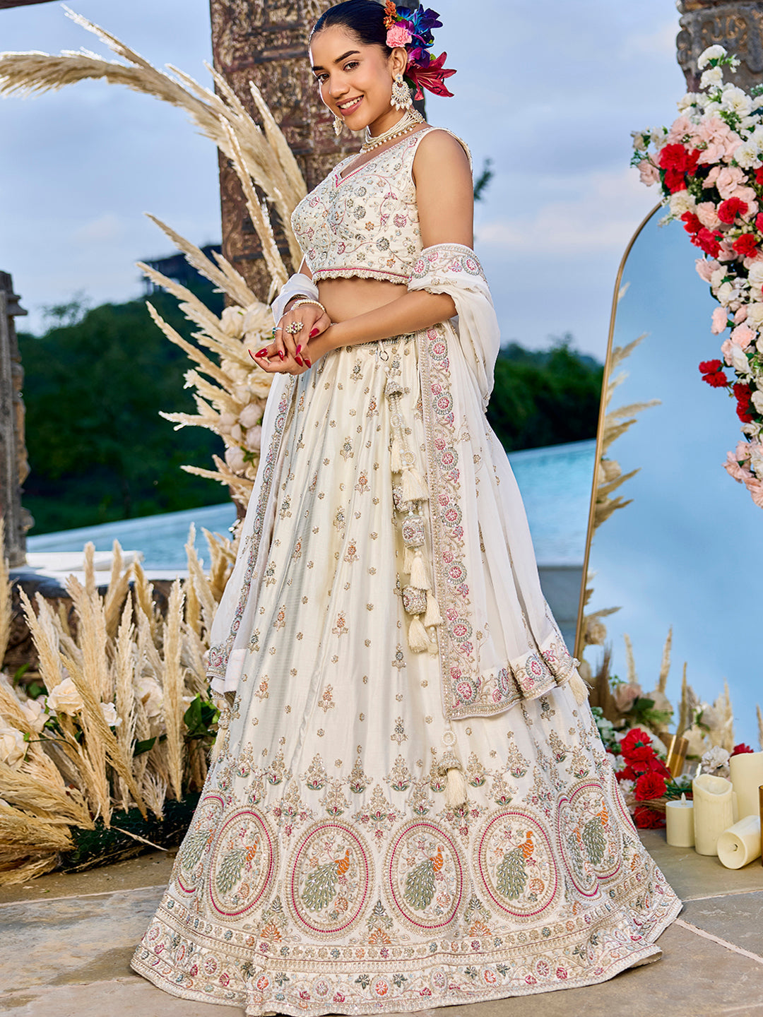 Cream - Silk Fabric Beads & Sequince Embroidered Ready to Wear Lehenga Choli & Dupatta