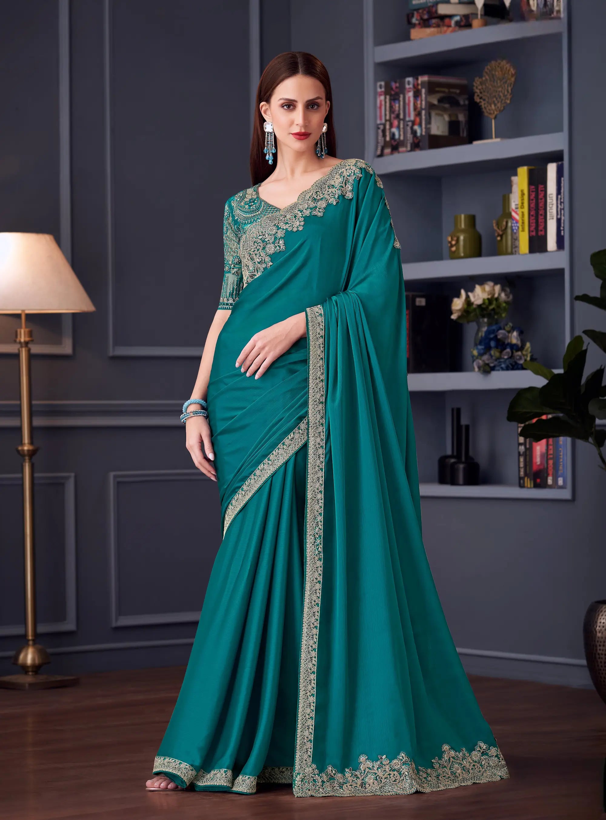 Teal Blue Chiffon Silk Party Wear Saree With Thread & Sequins Embroidery Work - qivii