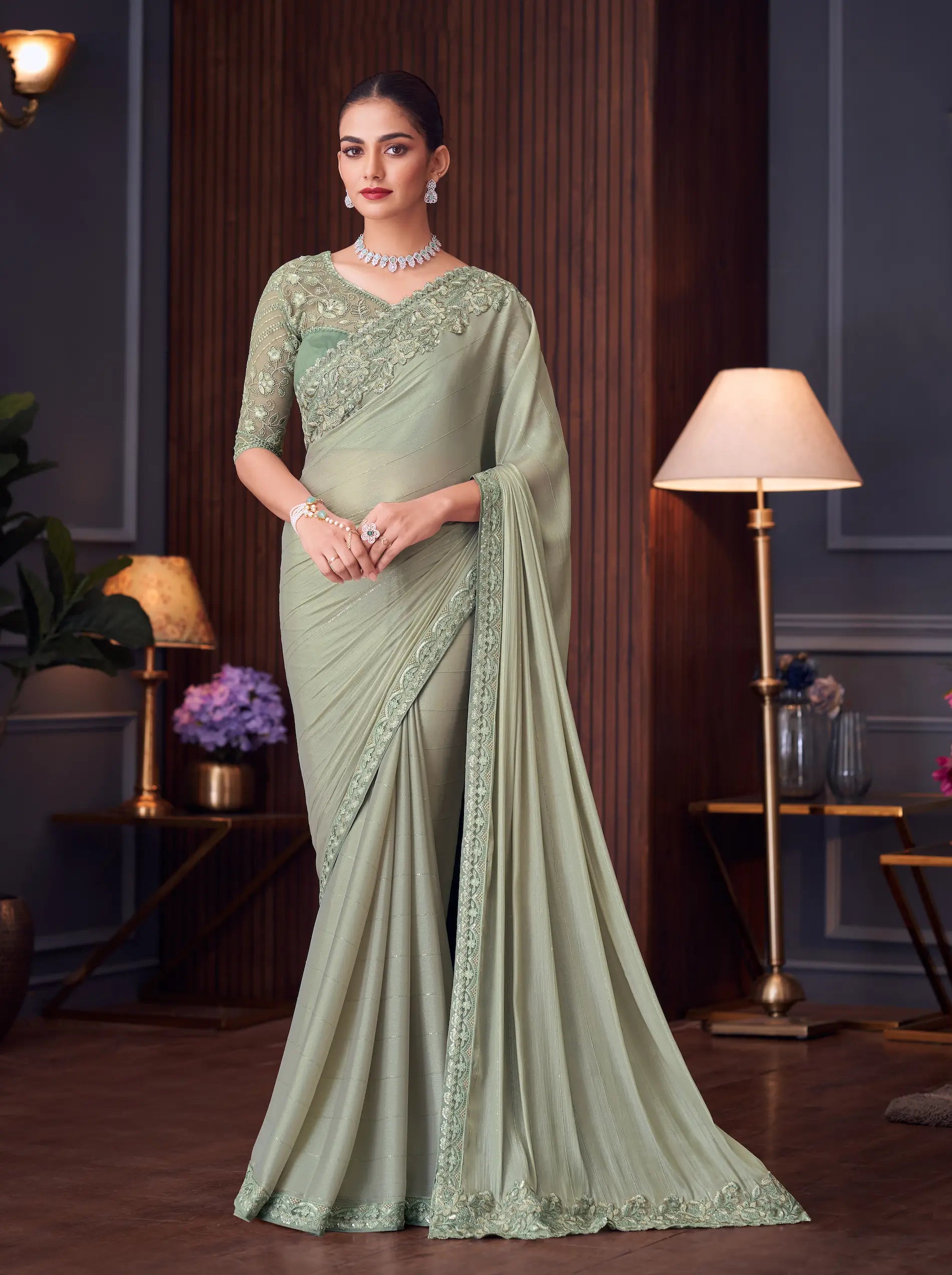 Olive Green Georgette Silk Party Wear Saree With Thread & Sequins Embroidery Work - qivii