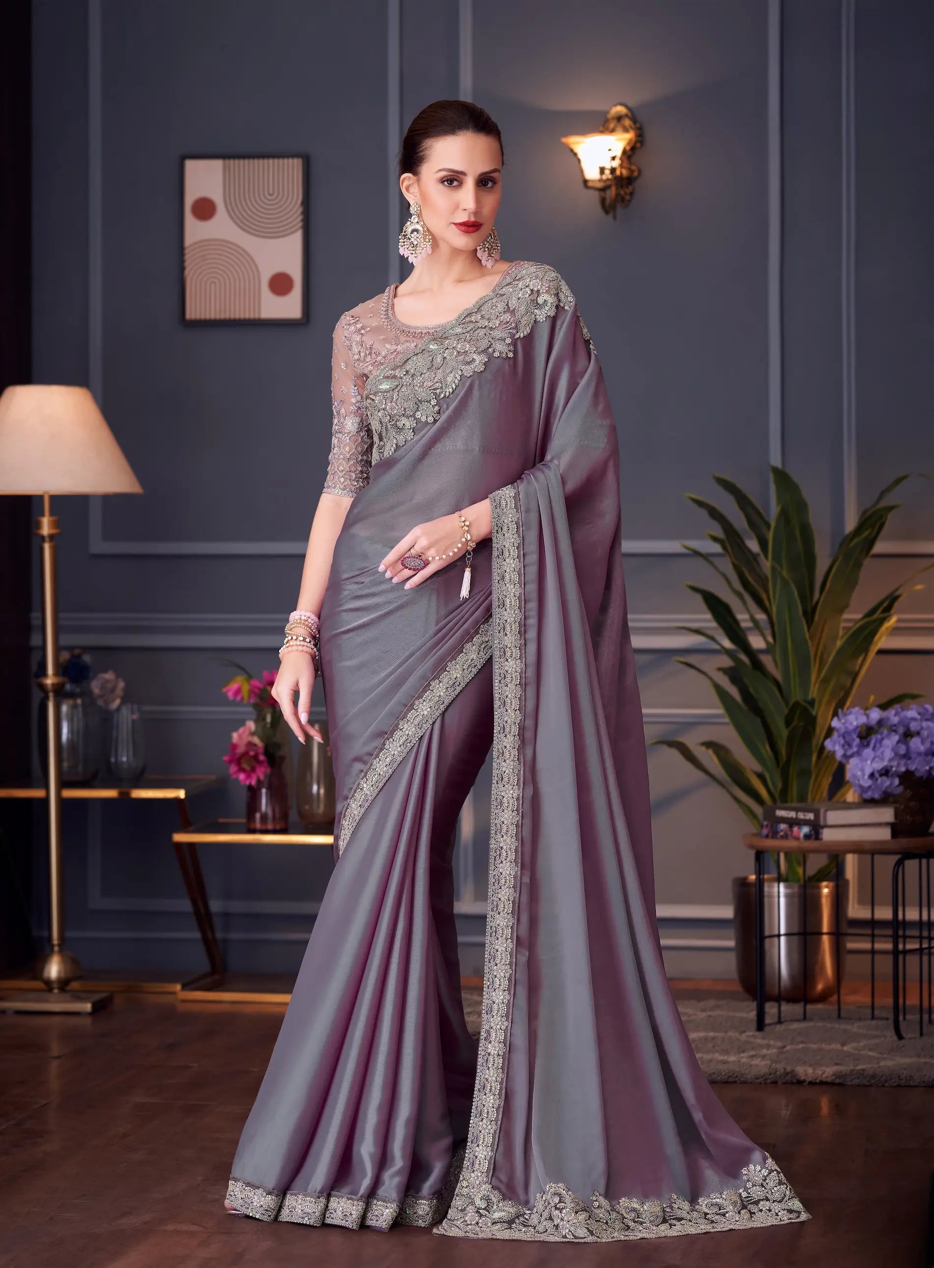 Dusty Lavender Chiffon Silk Party Wear Saree With Thread & Sequins Embroidery Work - qivii