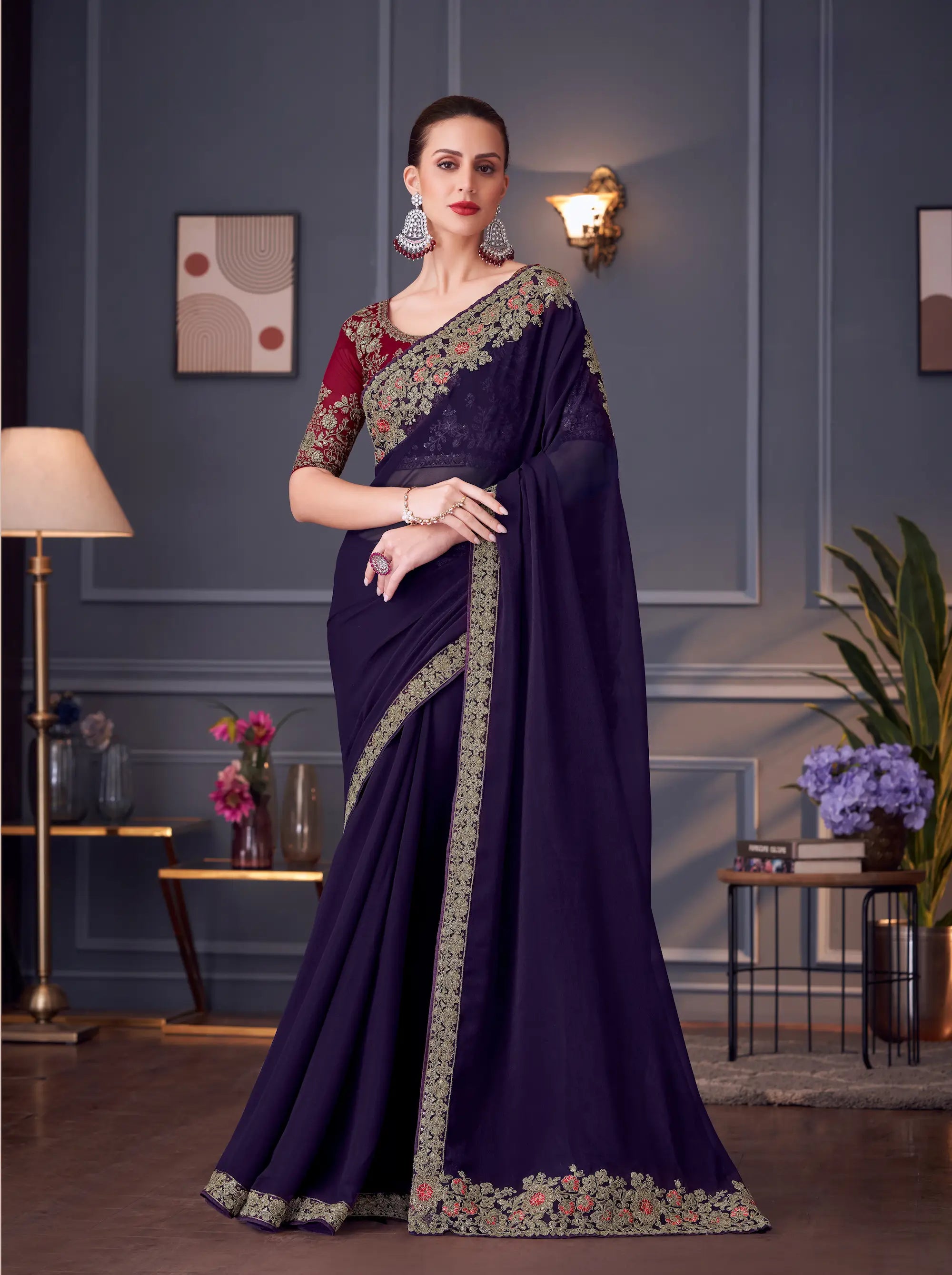 Dark Purple Georgette Silk Party Wear Saree With Thread & Sequins Embroidery Work - qivii