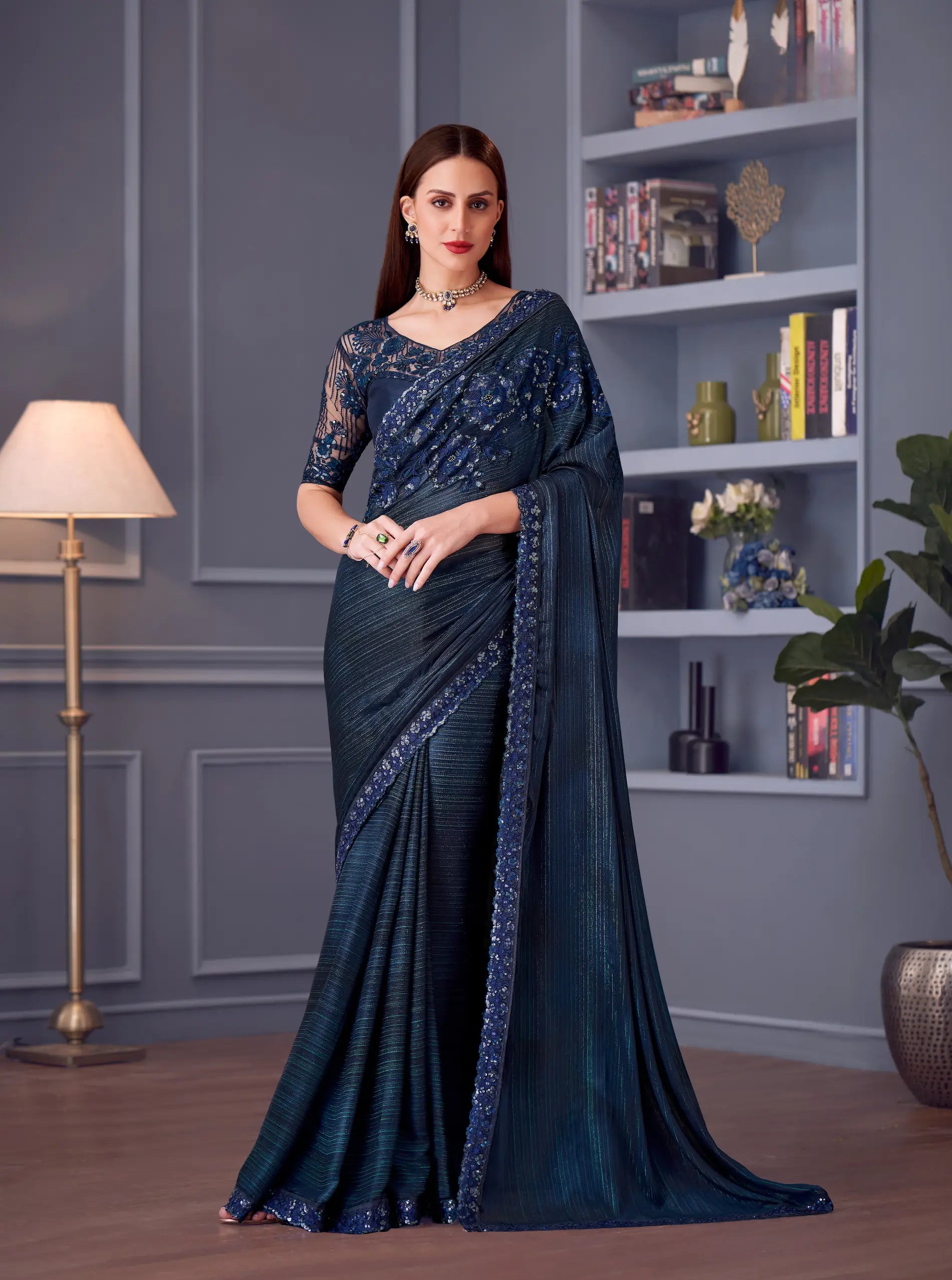 Navy Blue Glitter Silk Party Wear Saree With Thread & Sequins Embroidery Work - qivii