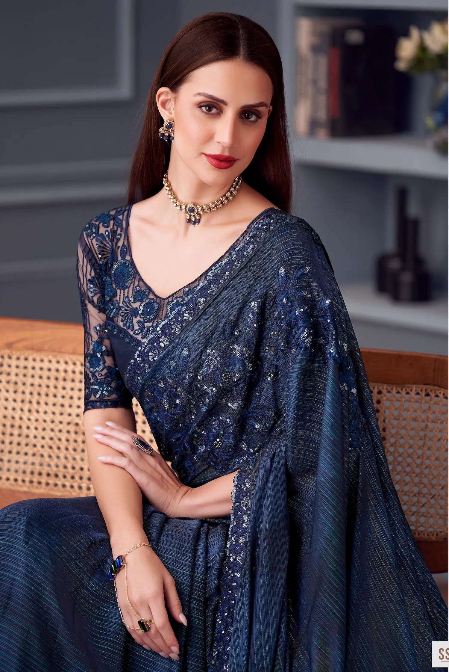 Navy Blue Glitter Silk Party Wear Saree With Thread & Sequins Embroidery Work - qivii
