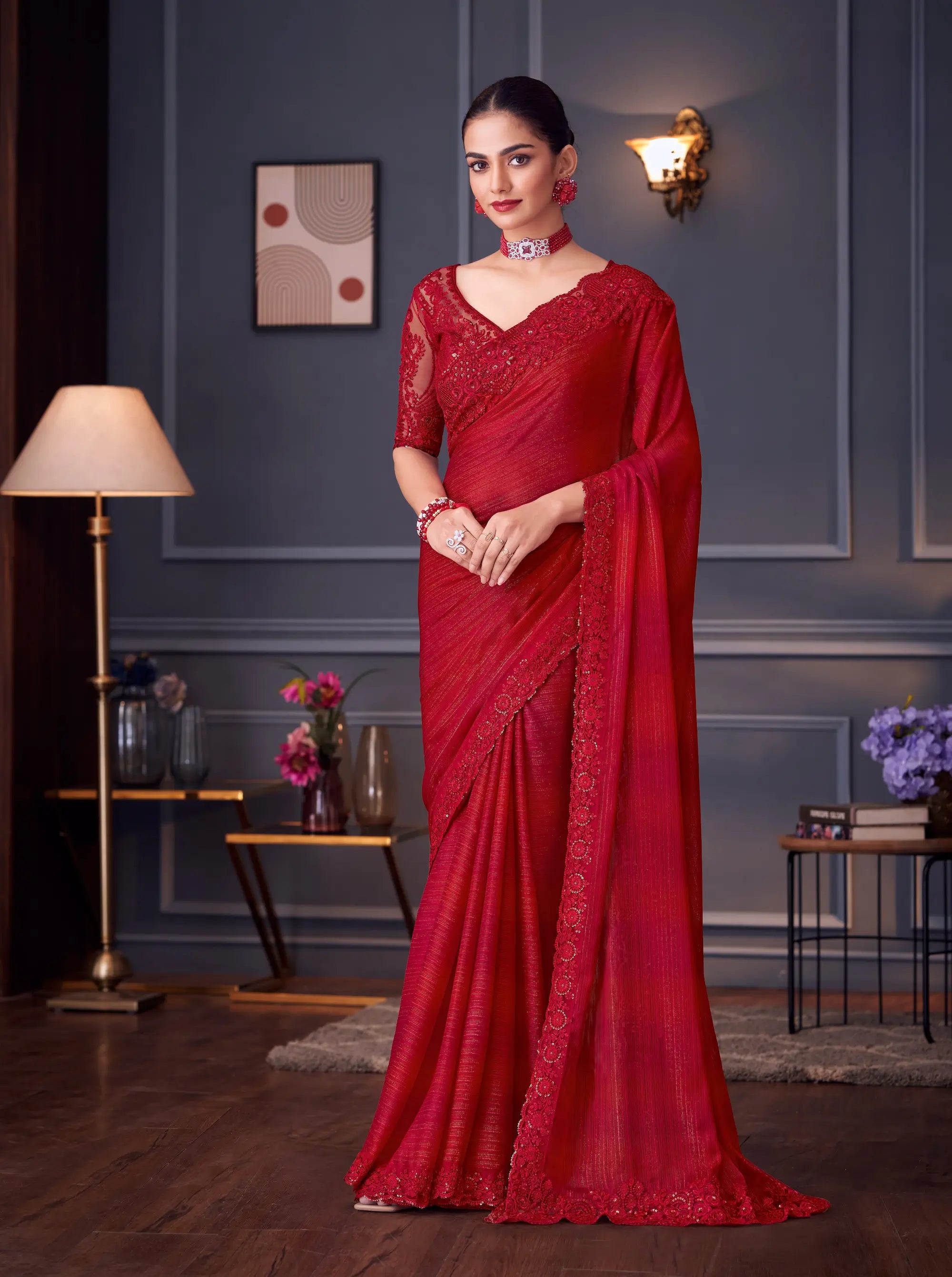Red Glitter Silk Party Wear Saree With Thread & Sequins Embroidery Work - qivii
