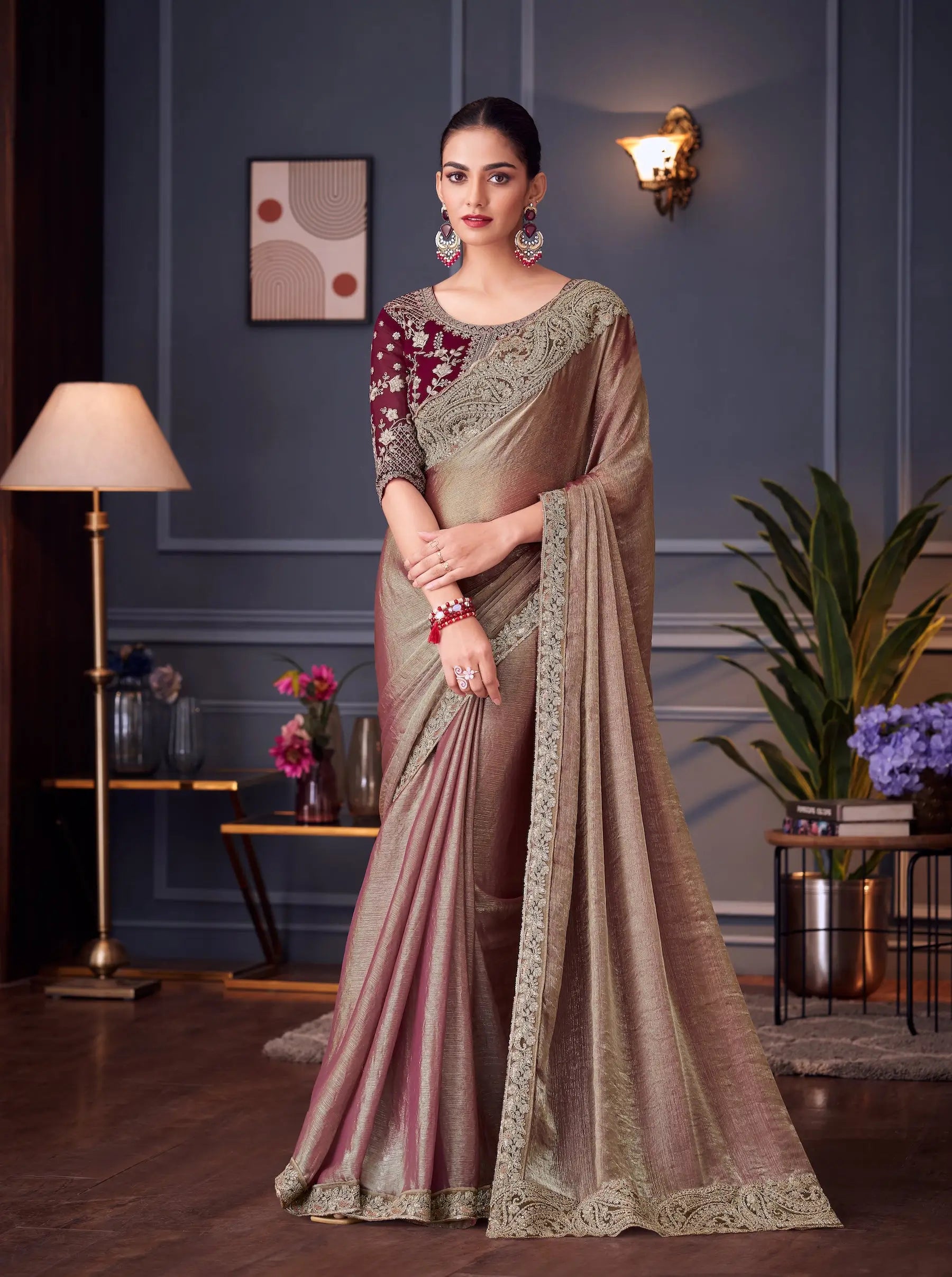 Golden Shaded Glass Silk Party Wear Saree With Thread & Sequins Embroidery Work - qivii