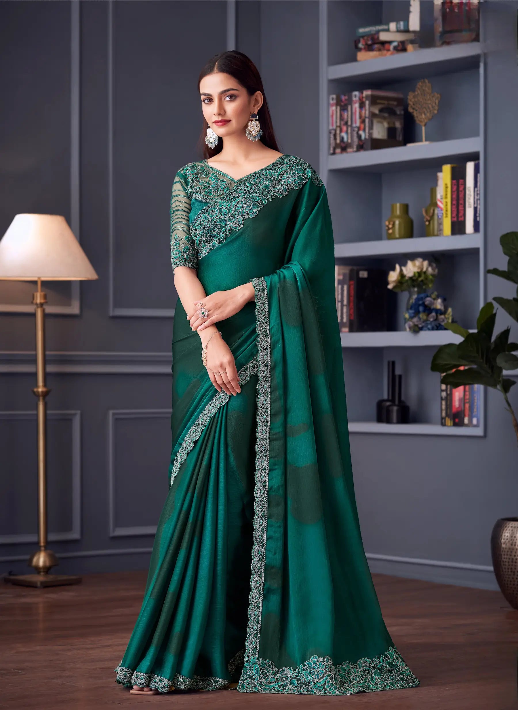Green Satin Chiffon Silk Party Wear Saree With Thread & Sequins Embroidery Work - qivii