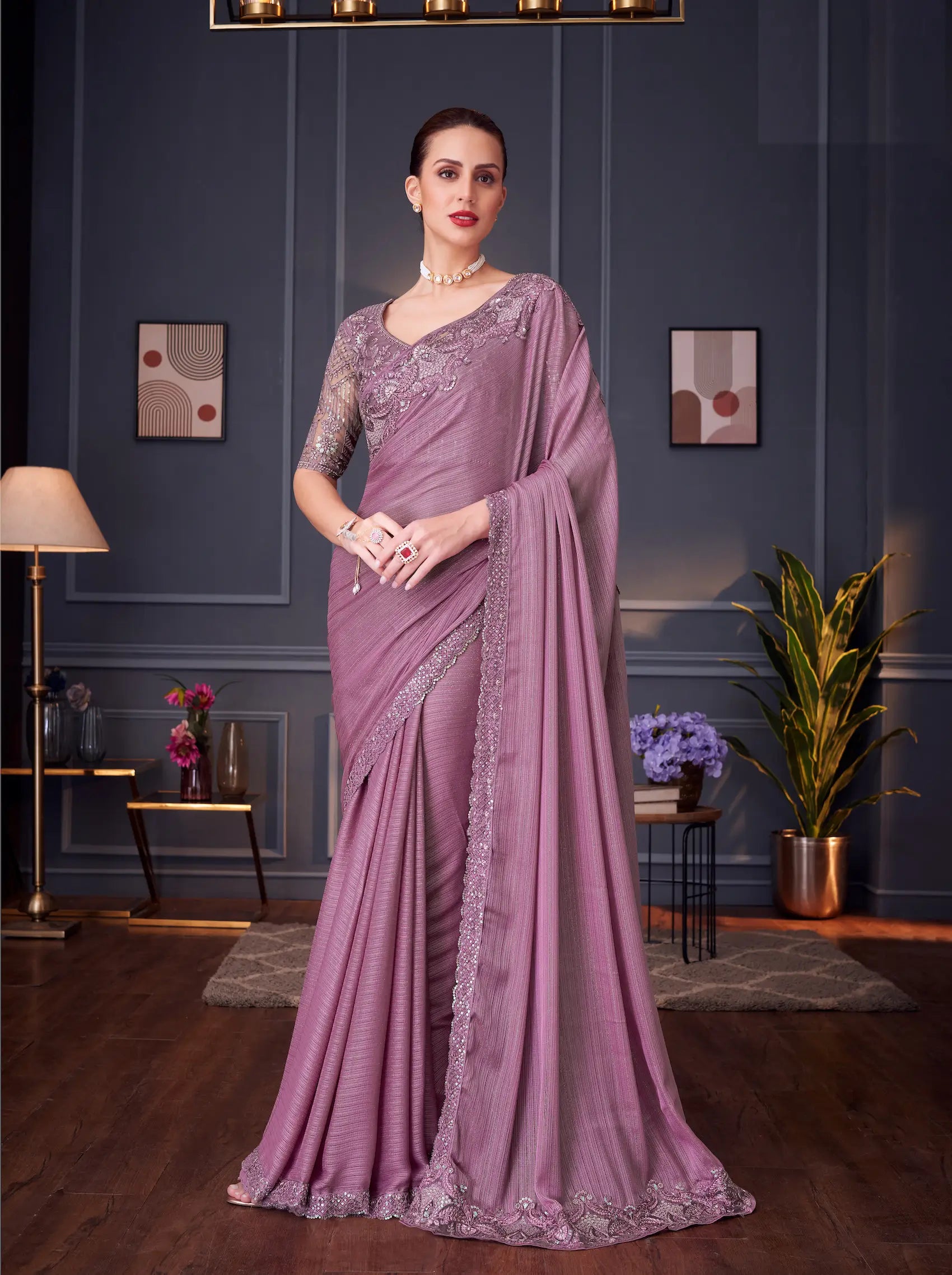 Dusty Pink Rainbow Shimmer Silk Party Wear Saree With Thread & Sequins Embroidery Work - qivii