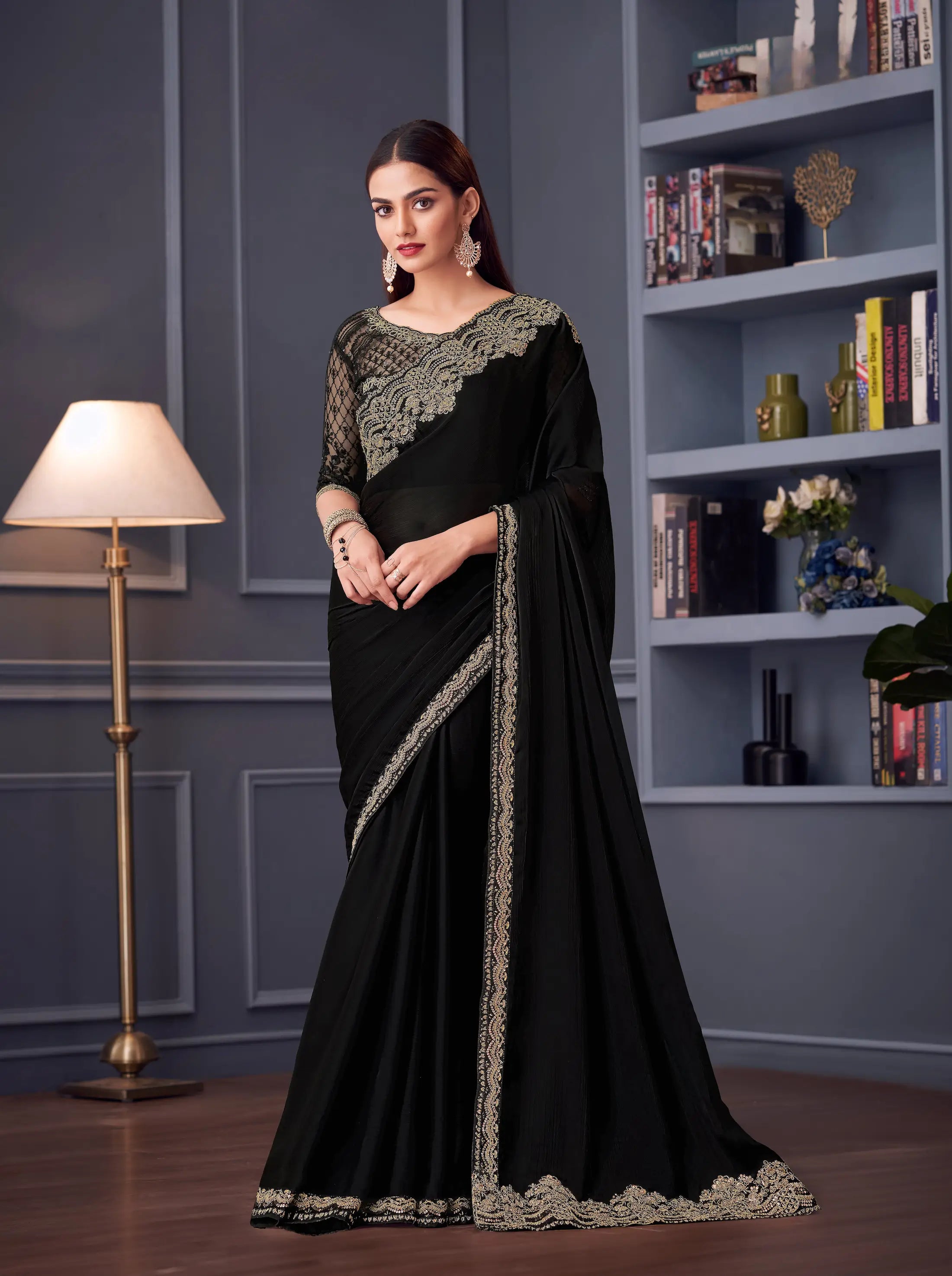 Black Satin Chiffon Silk Party Wear Saree With Thread & Sequins Embroidery Work - qivii