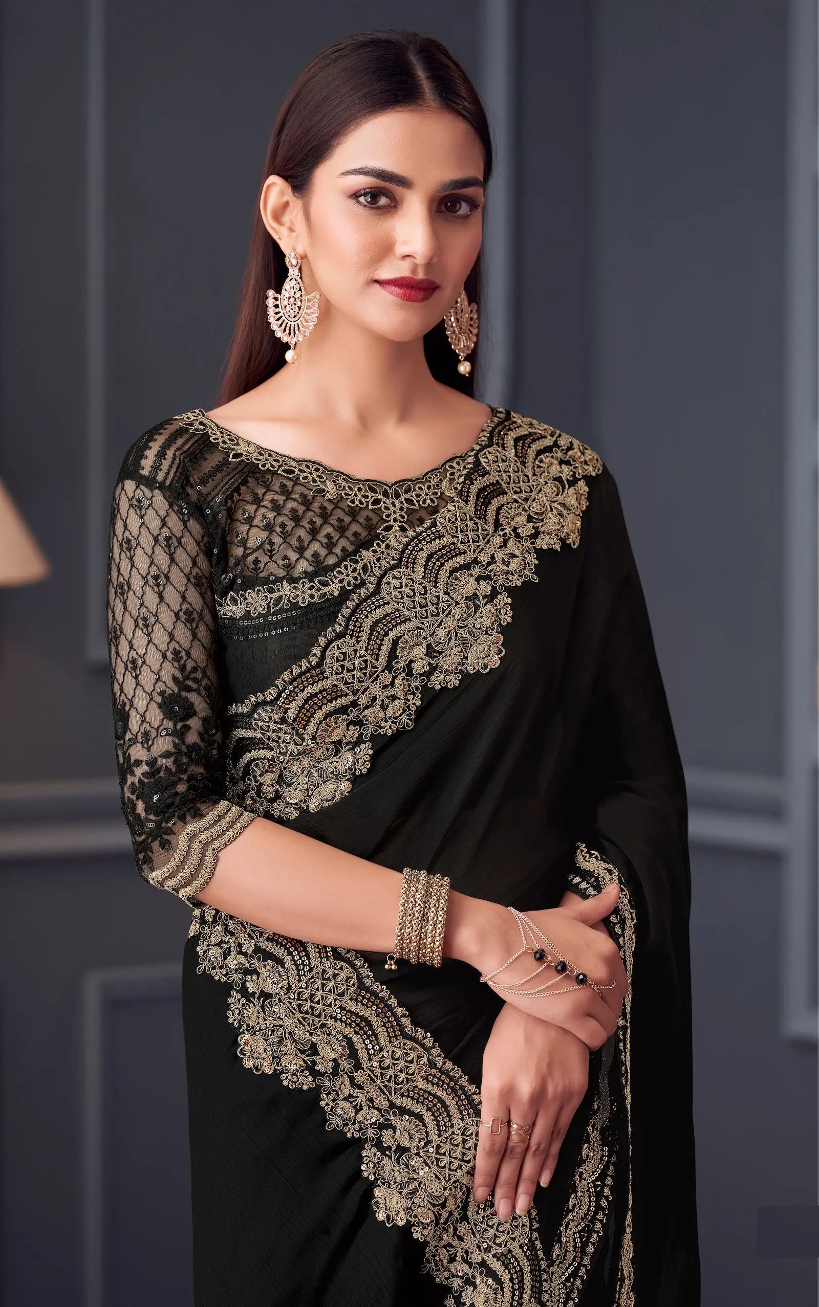 Black Satin Chiffon Silk Party Wear Saree With Thread & Sequins Embroidery Work - qivii